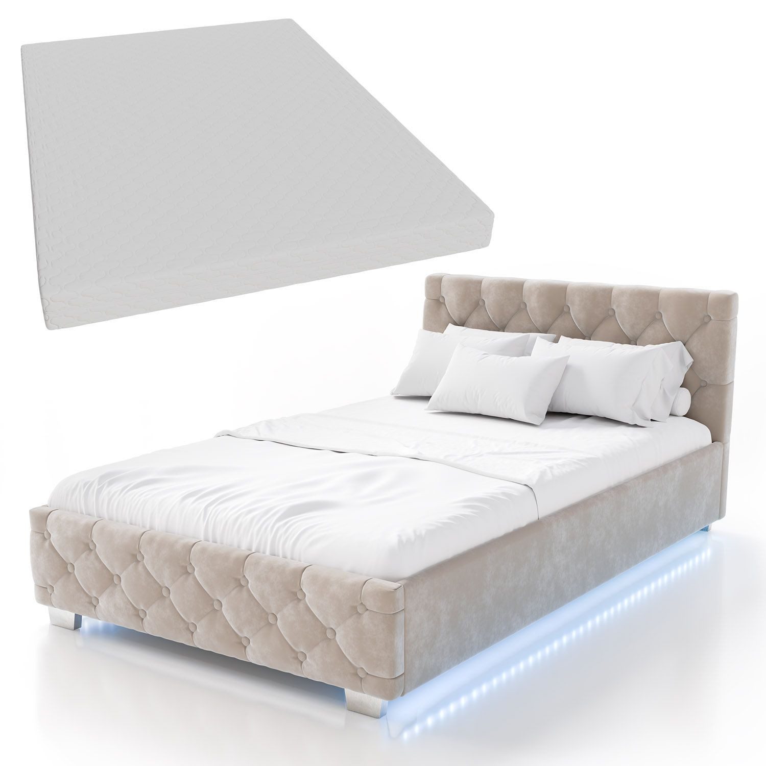 Juskys Polsterbett Nizza, 120x200 cm, LED Licht, Stauraum, Samtbezug, inkl. Matratze
