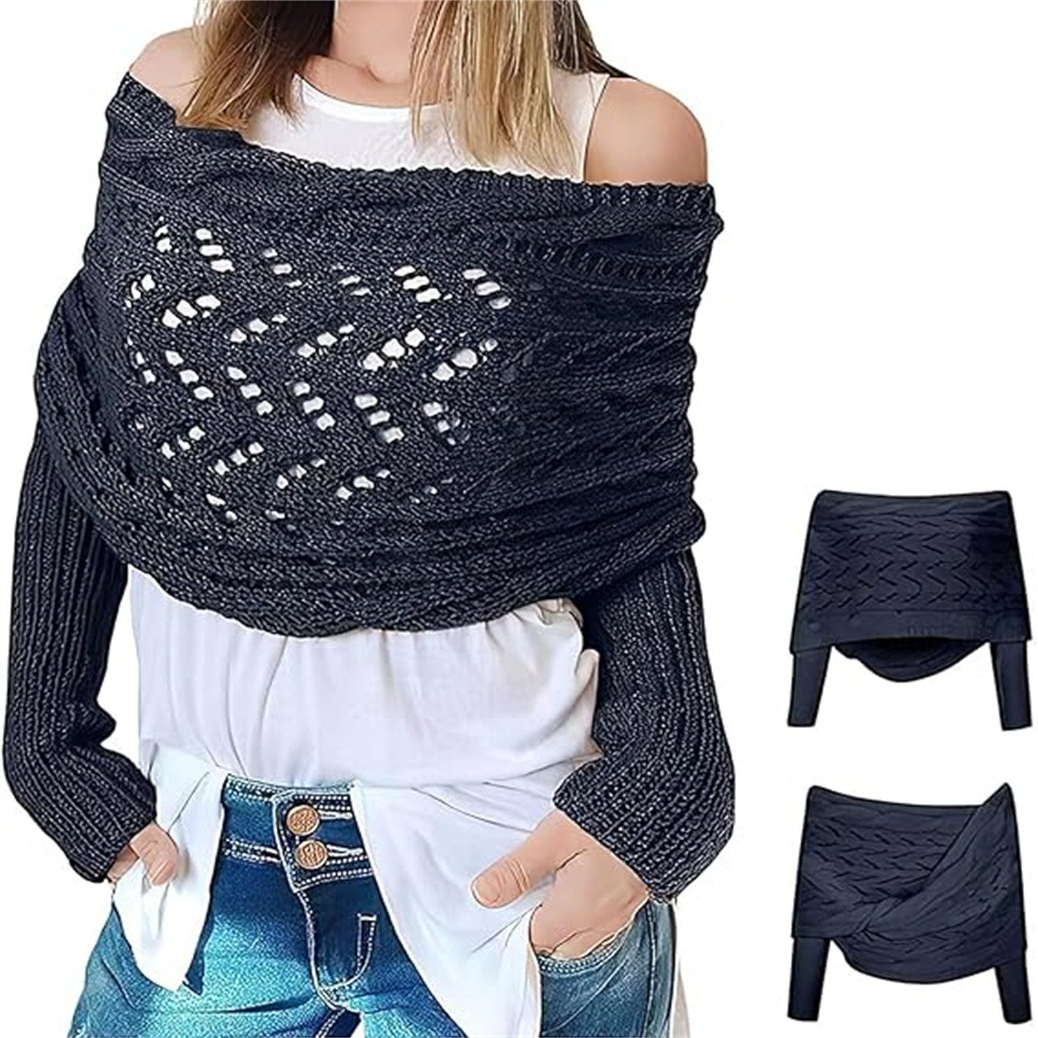 autolock Strickponcho Multifunktionaler Schal mit Ärmeln,Gestrickter Zopf-Wickel