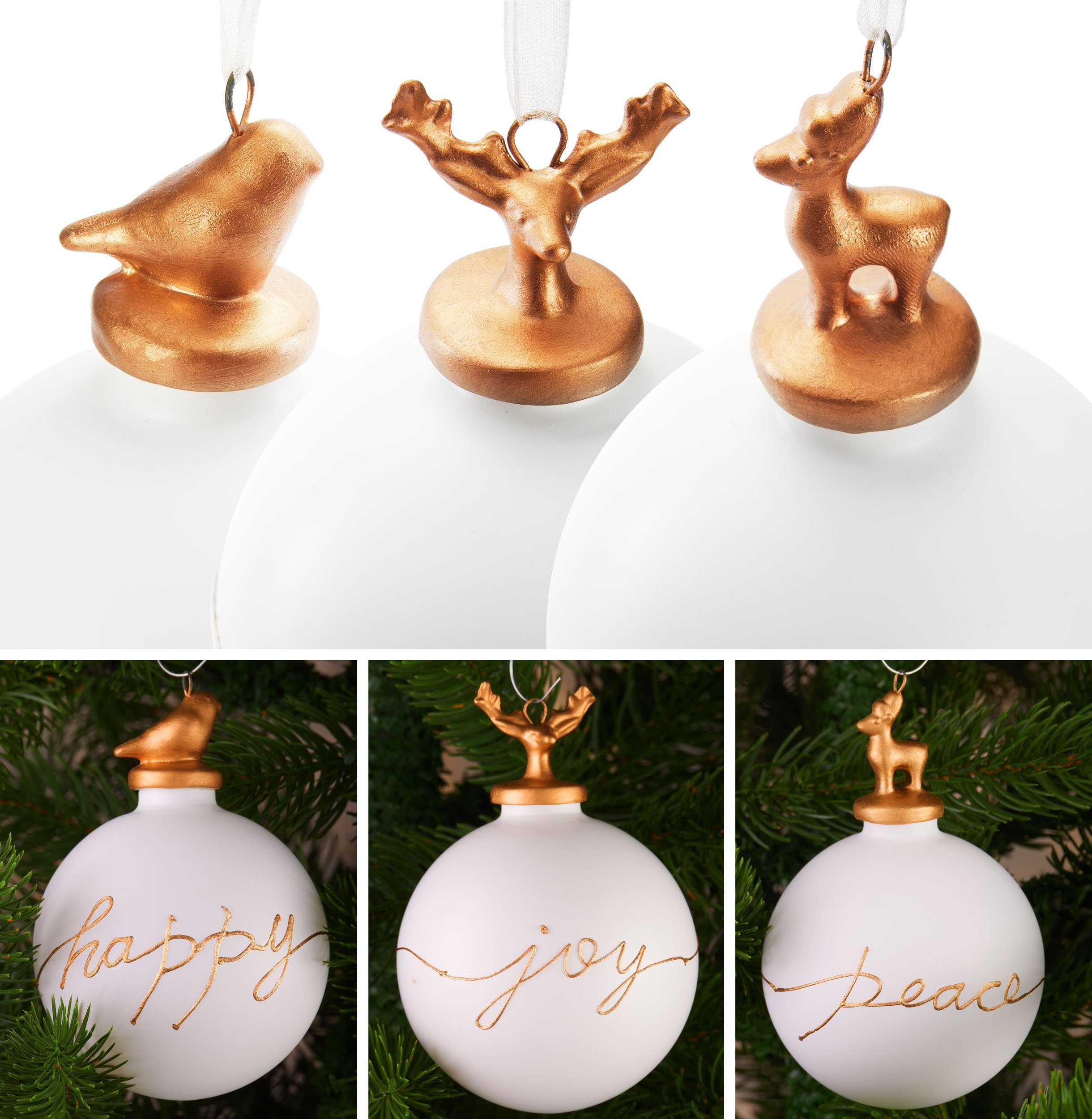 BRUBAKER Weihnachtsbaumkugel 3er Set Weihnachtskugeln - Premium Glas Baumkugeln mit Porzellan Figur (3 St), Moderne Weihnachtsdekoration - 8 cm Christbaumkugeln Christbaumschmuck