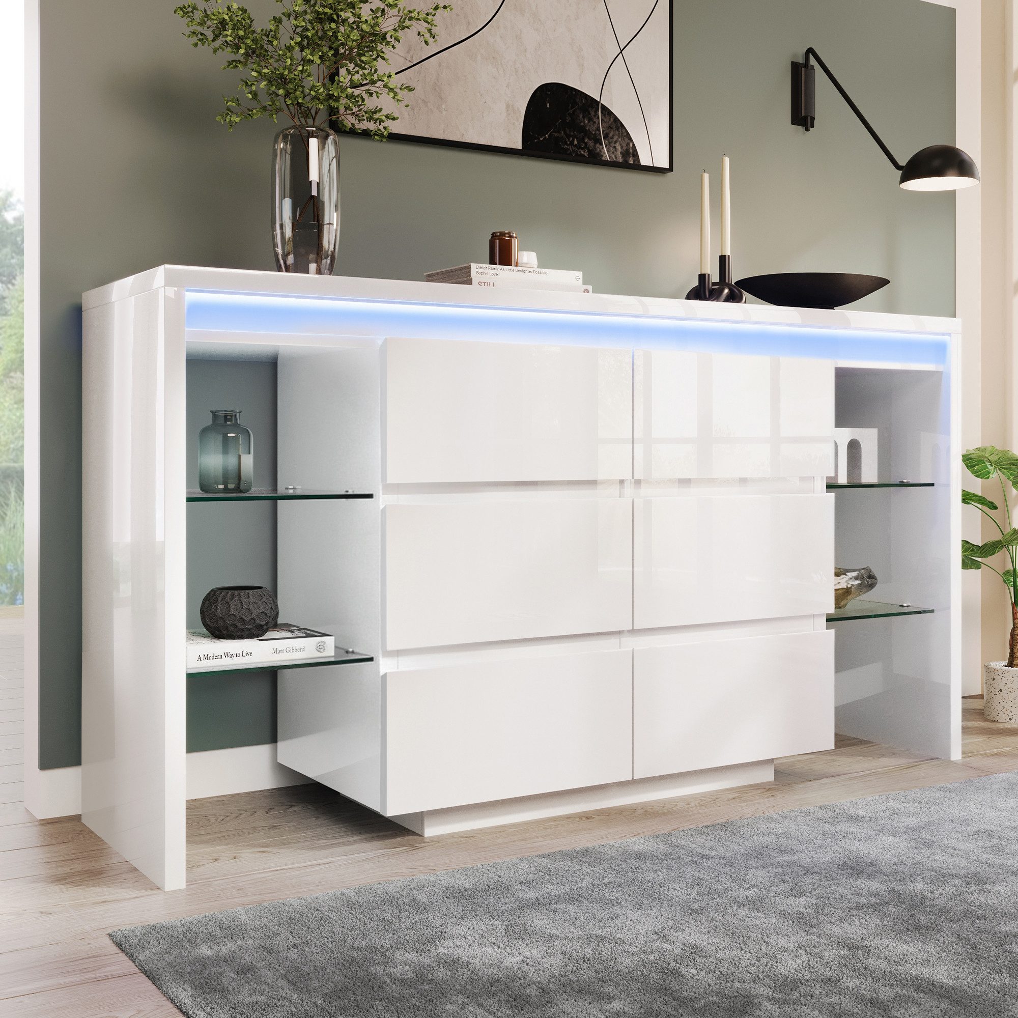 Flieks Kommode Weiß Hochglanz, LED-Beleuchtung & 6 Schubladen & 4 Glasablagen (155x40x80 cm, 1 St), glänzend Mehrzweckschrank Sideboard für Wohnzimmer, Schlafzimmer