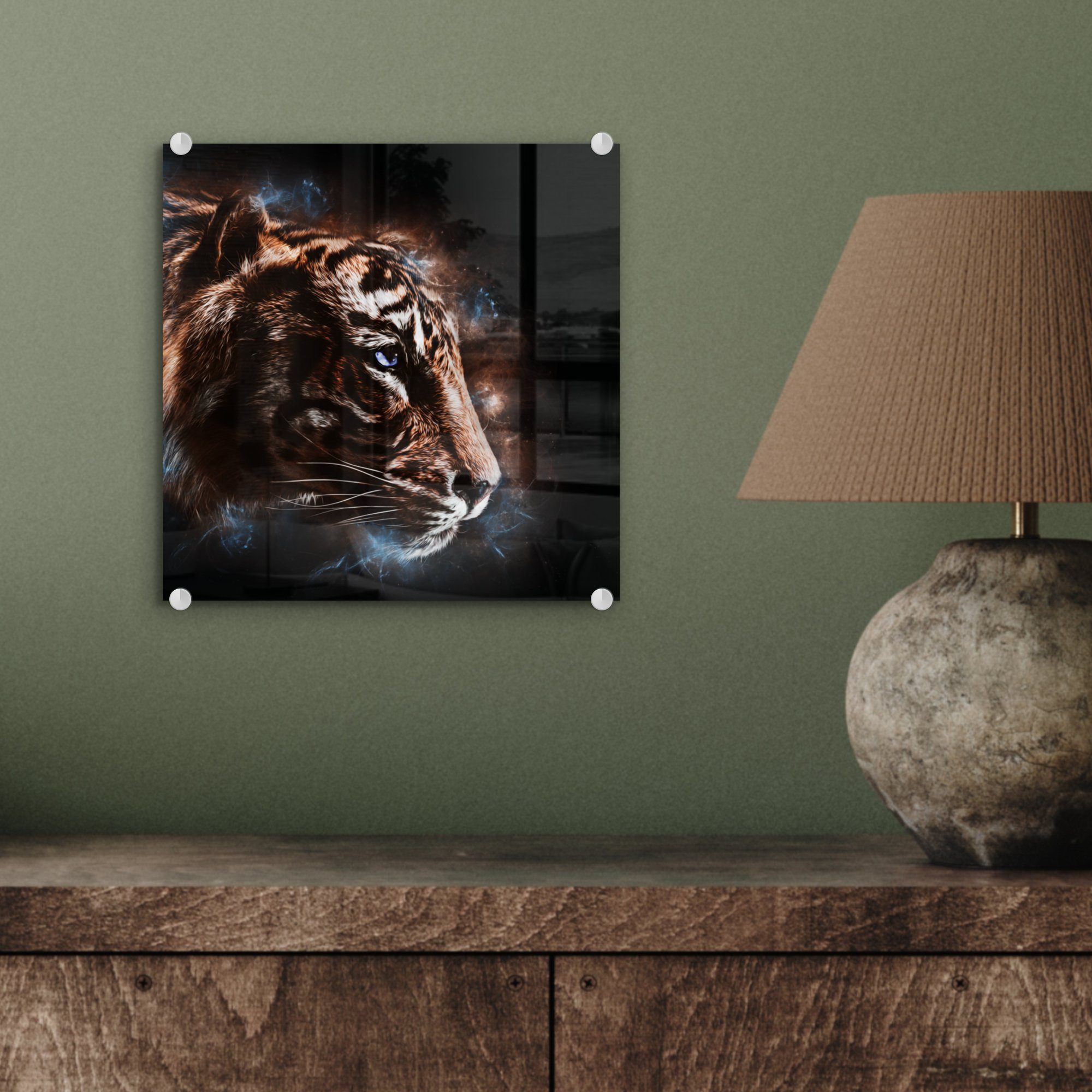 auf (1 Acrylglasbild auf Wandbild Bilder Wanddekoration - - Glas Glasbilder Tiere - - Orange, Glas - MuchoWow St), Tiger Foto