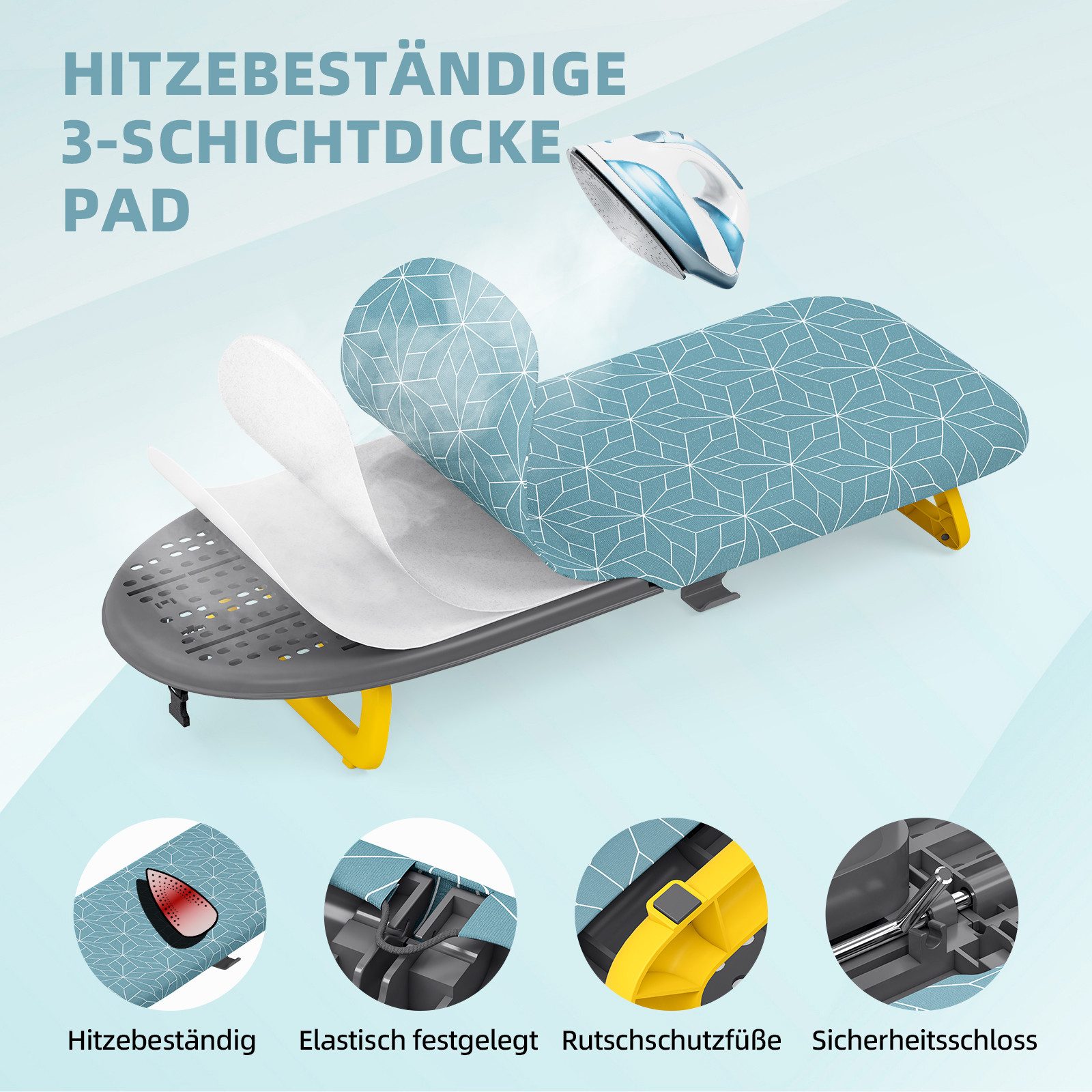 KINGRACK Bügelbrett Klappbares Tisch-Bügelbrett, kleines faltbares kompaktes Bügelbrett, Tragbar mit Bügeleisenhalter & Aufhängeseil, Maße 31 x 80 cm