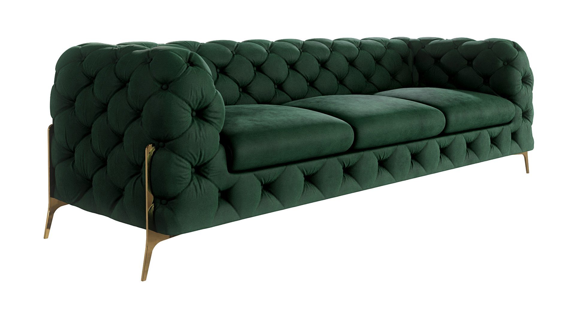 mit 2-Sitzer-Sofa, Polstergarnitur 3+2+1 Flasche mit 1x Grün Chesterfield Ashley Metall (1x S-Style Polstergarnitur 3-Sitzer-Sofa, 1x Sessel), Füßen, Möbel Wellenfederung Goldene