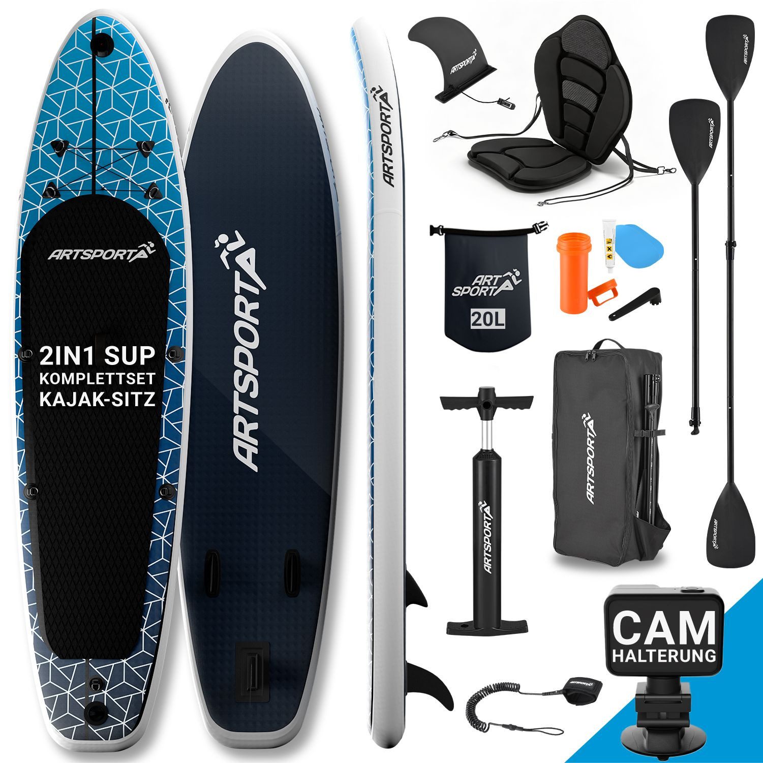 ArtSport Inflatable SUP-Board Deep Ocean, Stand Up Paddling Board, Ideal für Anfänger, bis 150 kg, inkl. Kajak-Set und Zubehör