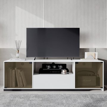 REDOM TV-Schrank TV-Ständer mit LED-Beleuchtung und Schiebedesign (für einen 60-Zoll-Fernseher, marmorgeäderter Tischplatte und elegantem Glasdesign) Mit 2 Türen, 1 Schublade und 1 offenem Fach