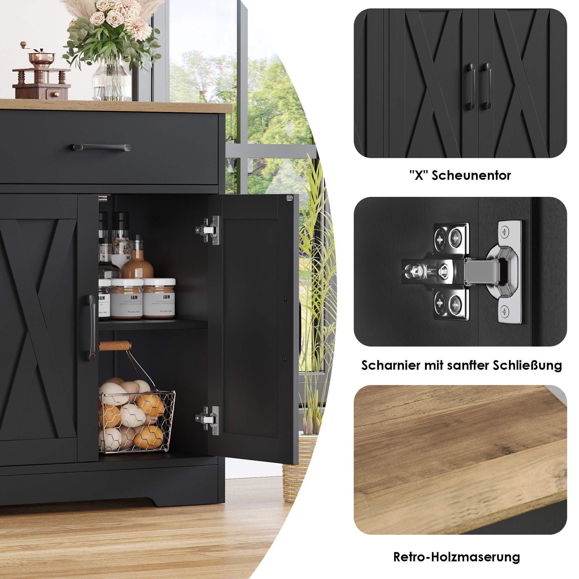 HOMECHO Buffet 120cm Breit Küchenschrank mit Arbeitsplatten, 2 Schubladen, 4 Türen – Bild 5 von 5