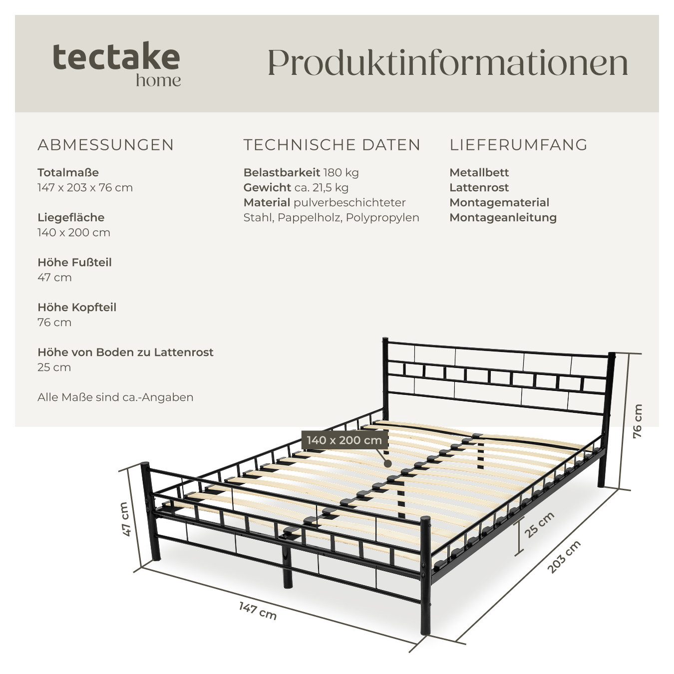 tectake Bettgestell Metallbett, robustes Stahlgestell