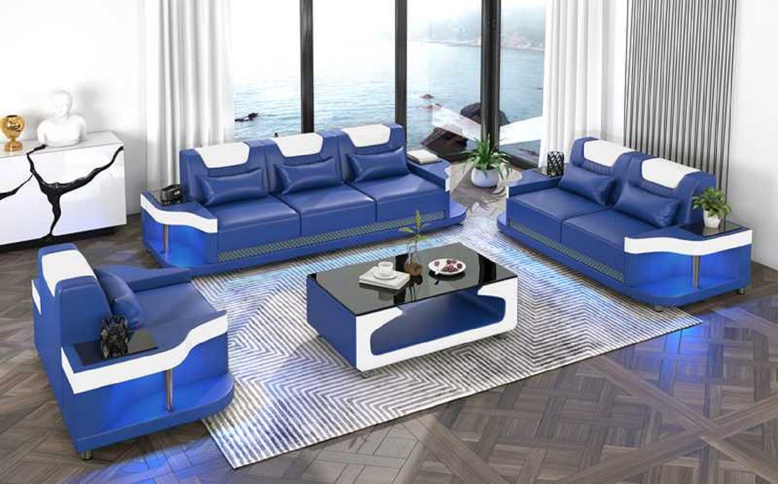 Modern Made (3-St., + 2+3 Sofagarnitur Sofas Couchgarnitur Sitzer Set, Wohnzimmer-Set Nur Europe Sessel), 3tlg JVmoebel Blau in Sessel Sofa
