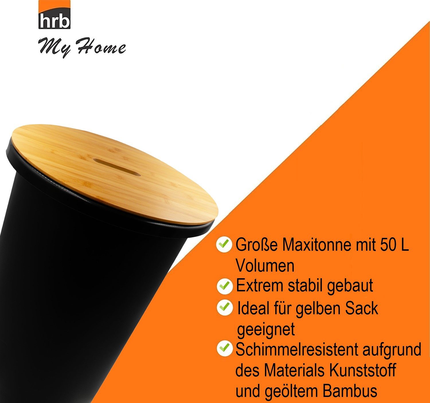 hrb Mülleimer Maxitonne 50l schwarz mit Bambus Deckel, Tonne, Futtertonne