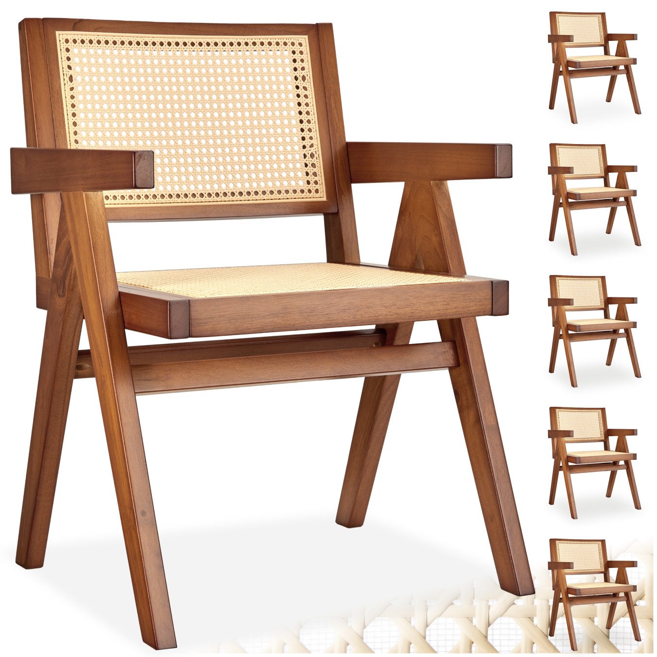tectake Esszimmerstuhl Armlehnstuhl im Boho-Stil, 59 x 56,5 x 82,5 cm, Belastbarkeit 120 kg (Sessel Lissy in Eiche dunkel, 6 St), große Rückenlehne und Sitzfläche mit Wiener Geflecht, Holzgestell