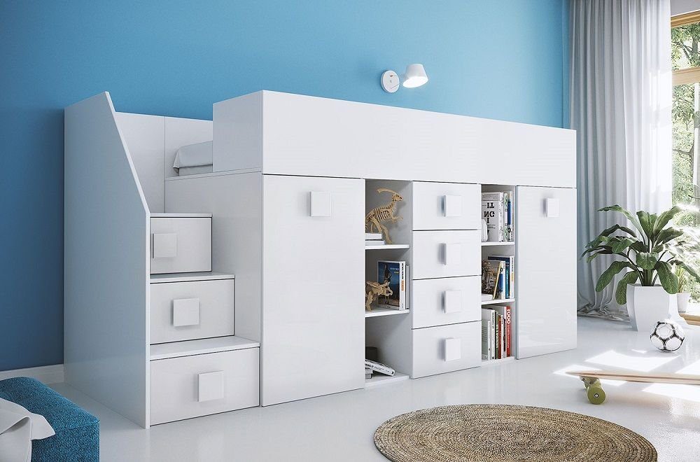 Feldmann-Wohnen Hochbett TOLEDO 3 (Etagenbett mit Schreibtisch + Kleiderschrank) Farbe wählbar - Treppe links weiß / weiß Hochglanz - Griffe weiß