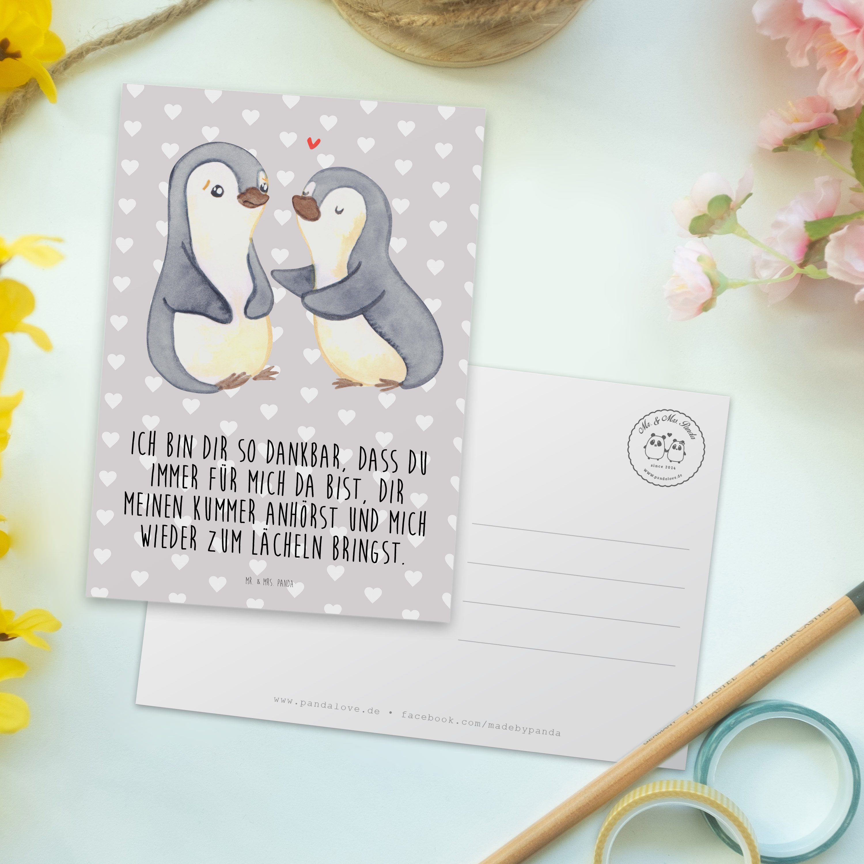 Mr. & Mrs. Geschenk, Ansichtskarte, Postkarte Grau Ehefrau, G Pinguine - Panda - trösten Pastell