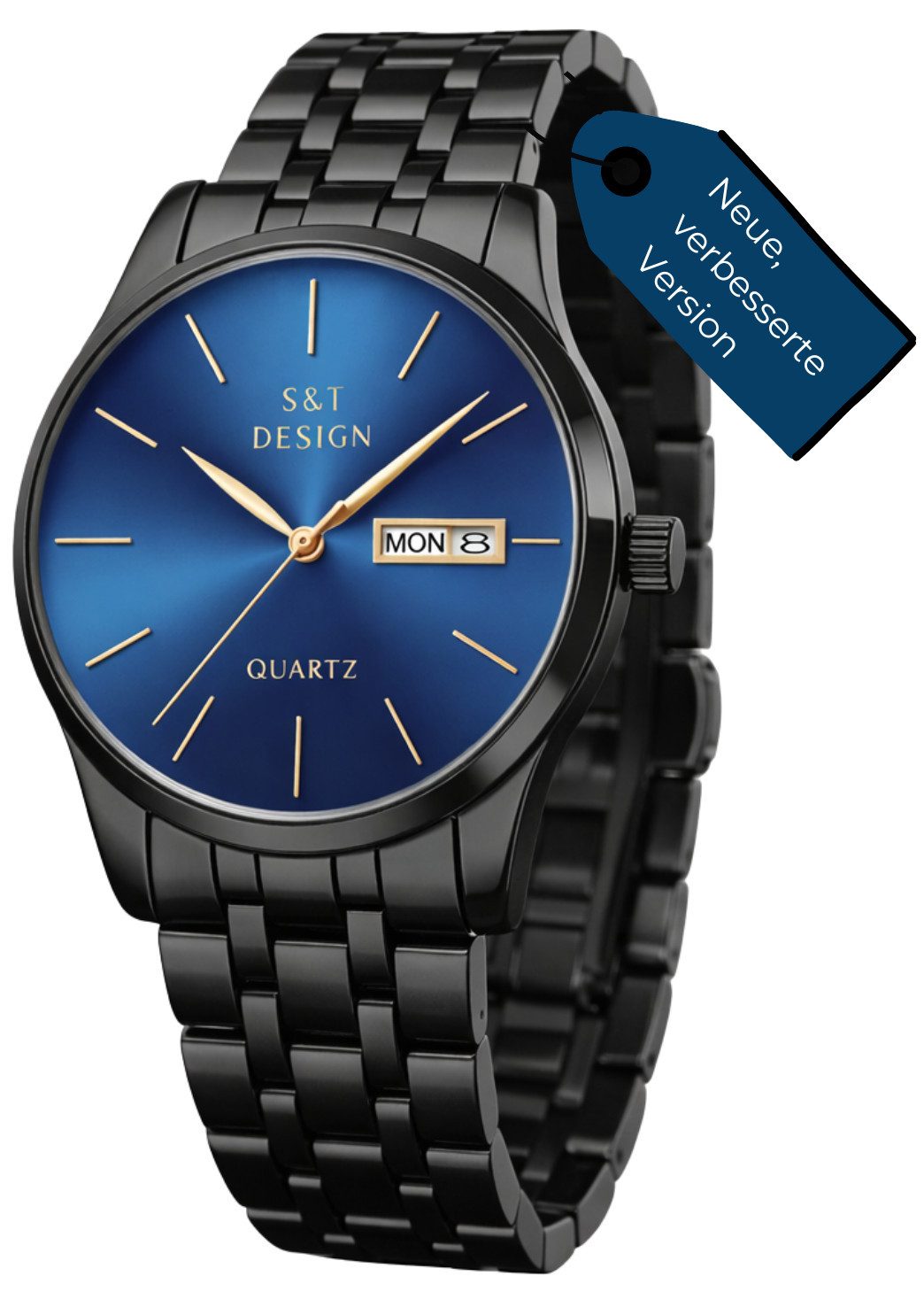 S&T Design Quarzuhr Herren Uhr Edelstahl Armbanduhr Herrenuhr V2, (Packung, inkl. Armbandkürzer & Uhrendose), Verbesserte Version Männer Uhr Schwarz Datum Wasserdicht 3Bar