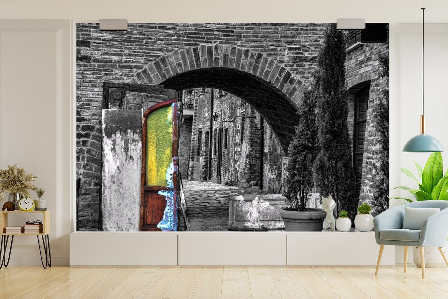 St), Schwarz-Weiß-Foto Italien, Vinyl Fenster bedruckt, Fototapete mit gelben (6 für Wohnzimmer, Matt, Tapete Kinderzimmer, Wallpaper MuchoWow in Schlafzimmer, einem