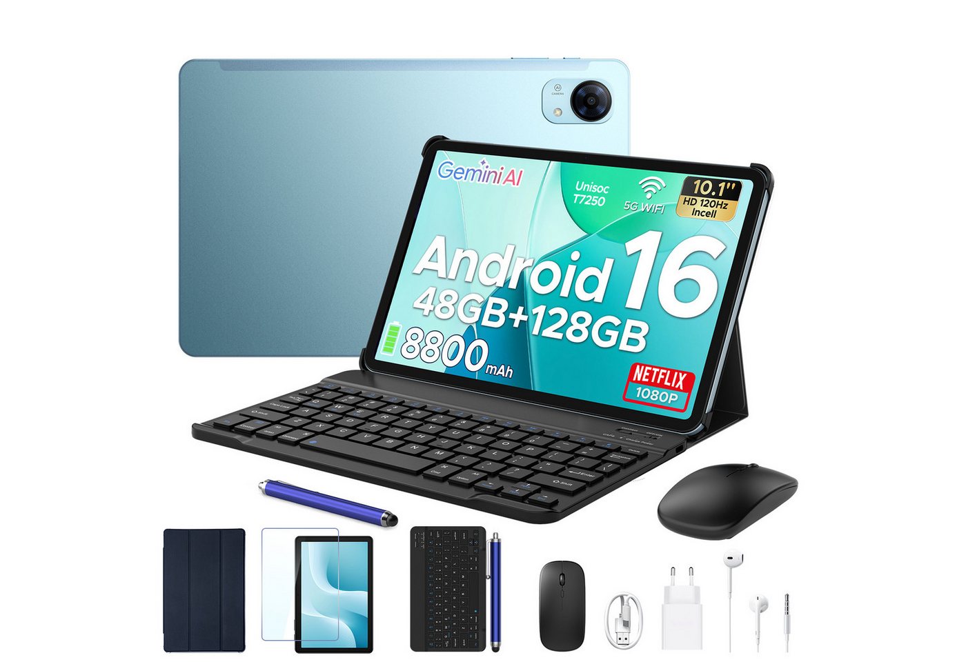 POCKAM P10 10 Zoll Android 16 Tablet mit Tastatur, 128GB ROM, 8800mAh, 120Hz Tablet (10", 128 GB, Android 16, WIFI, 8 GB, Android 16, 13 MP, Gemini AI, 5G WiFi/Widevine L1/GPS/Face ID)