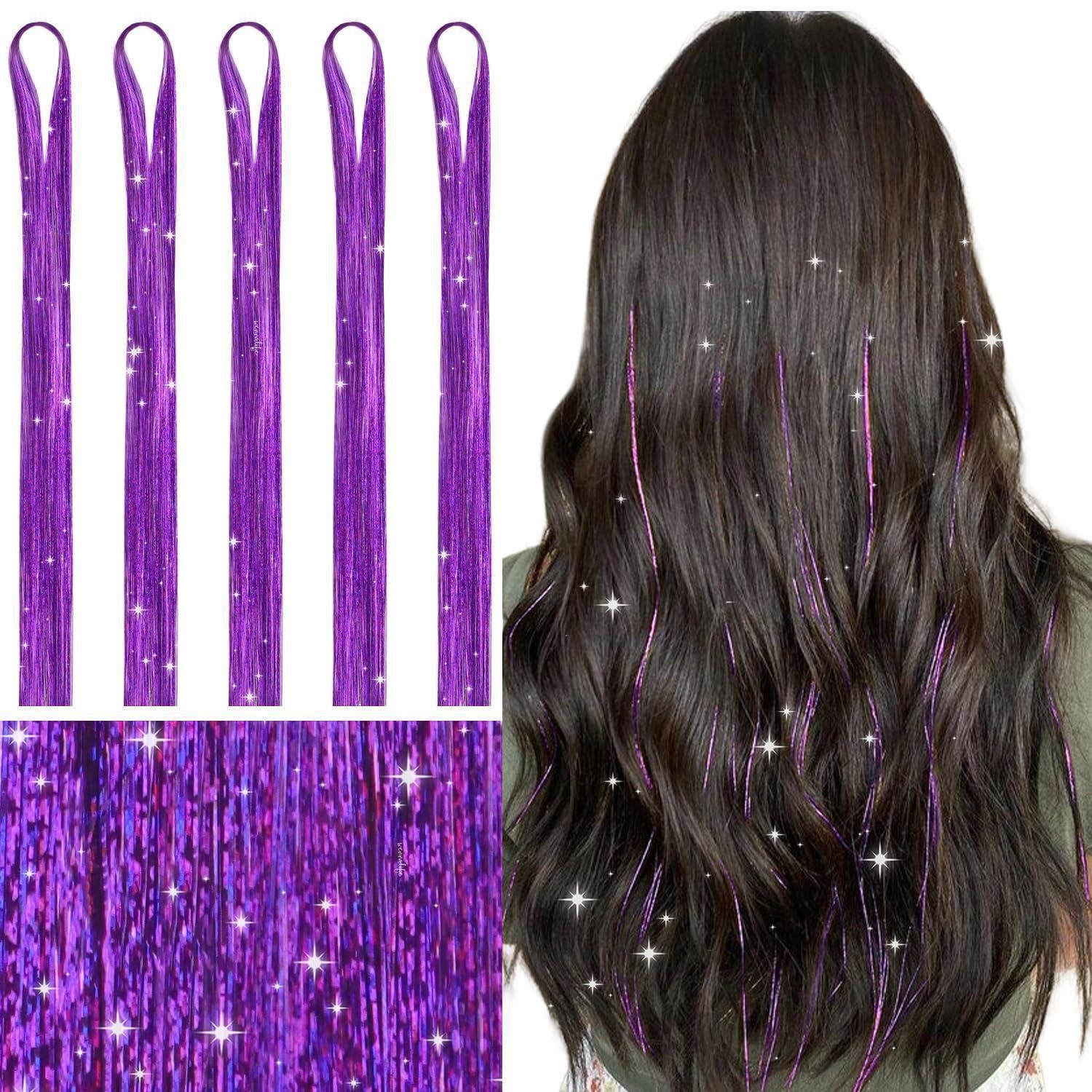 LuxusKollektion Kunsthaar-Extension Haar Lametta Lila Glitzer Haarsträhnen 120cm - 6er-Pack T-#Lila