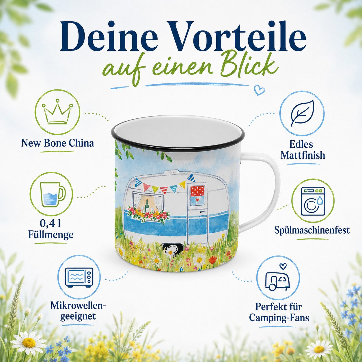 PPD Becher Henkelbecher aus Metall 0,3L - Happy Camping, 1-tlg., Porzellan