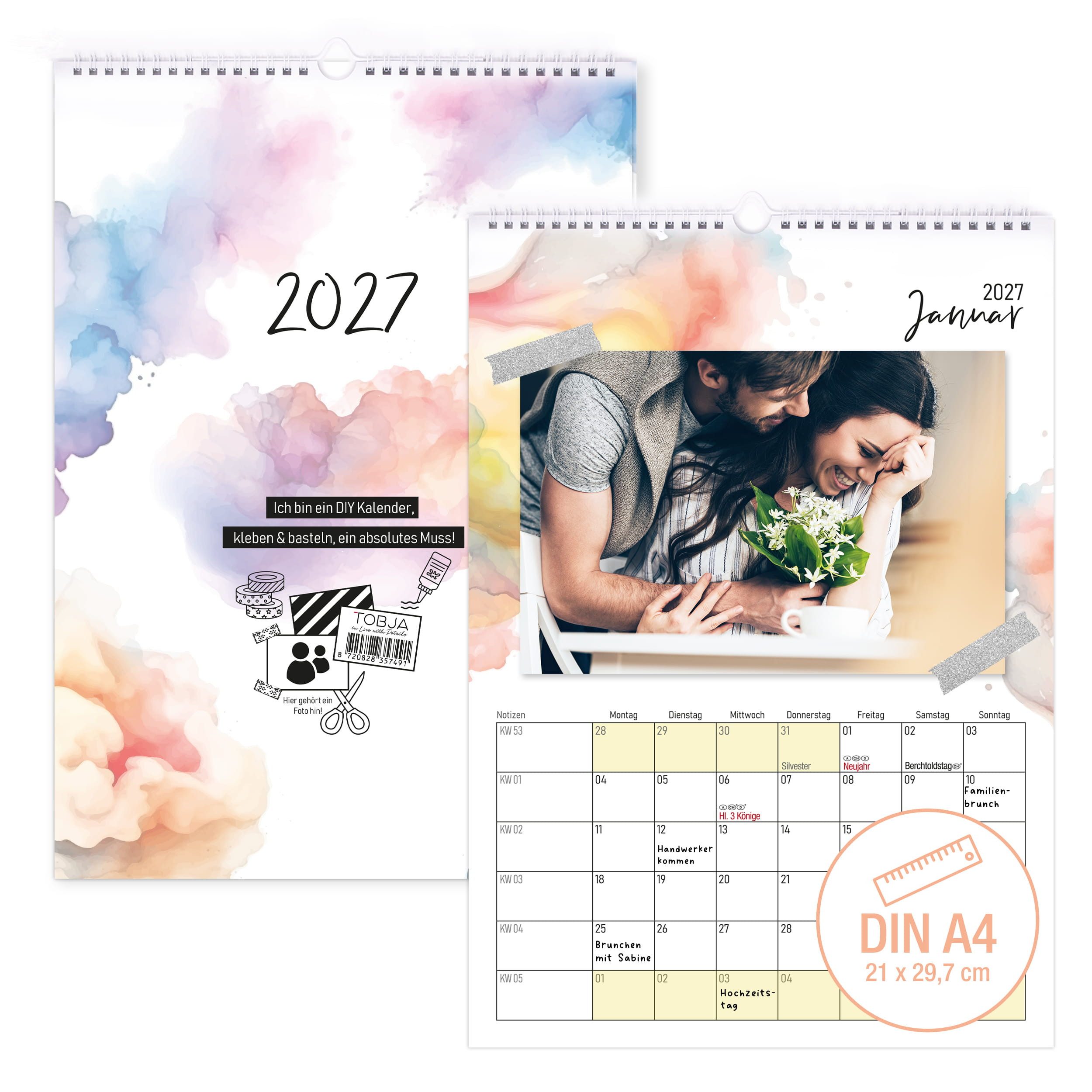 TOBJA Kalender zum Selbstbasteln DIY Foto-Kalender 2027 A4 zum Selbstgestalten Bastelkalender 250g, Foto-Formate flexibel, 250g Papier, Ringbindung, Schulferien DE+AT