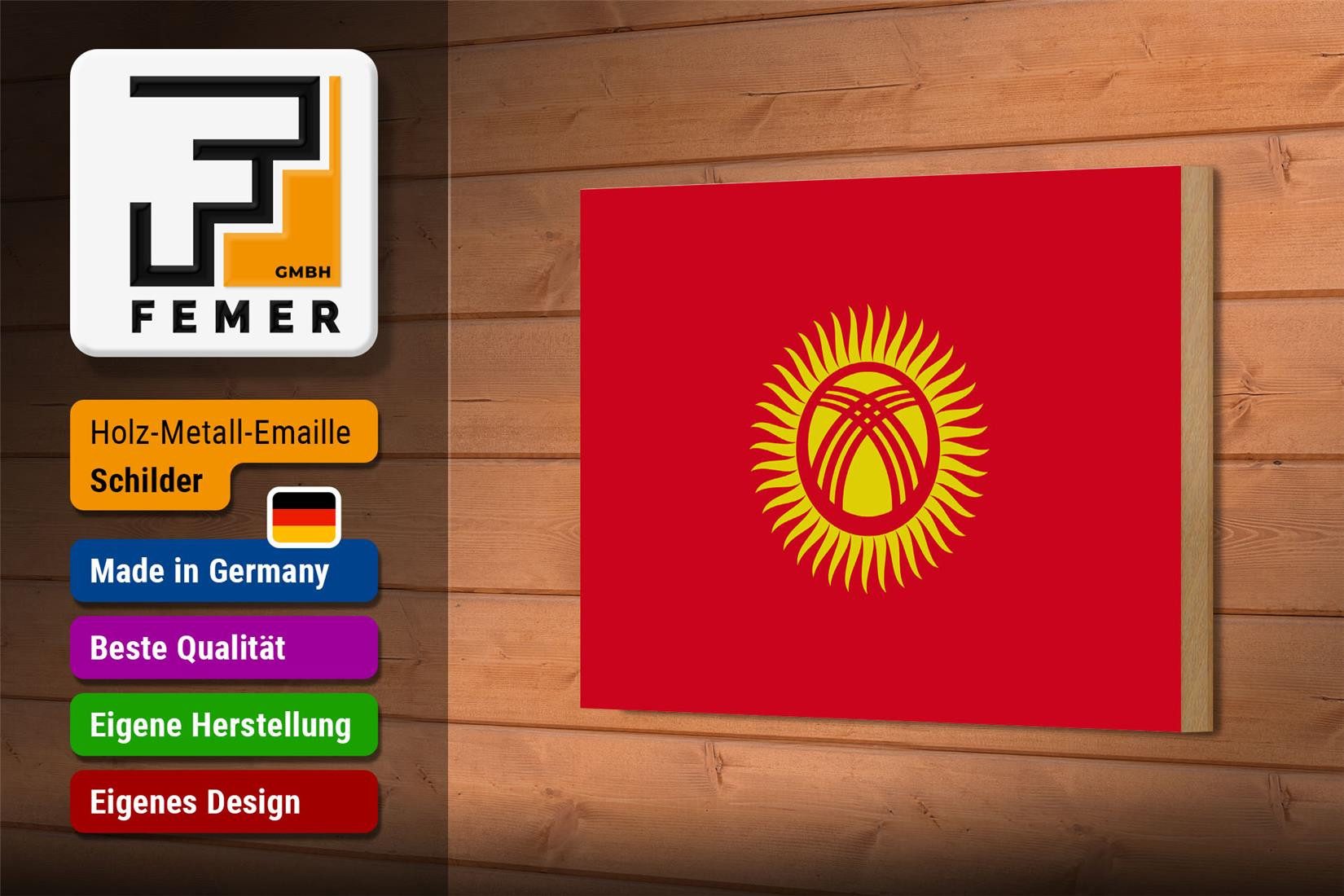 Femer GmbH Holzbild Flagge Kirgisistans 18x12 cm Flag of Kyrgyzstan, Flaggen (1 St), Glatte Holzfaserplatte (MDF), vorn beschichtet