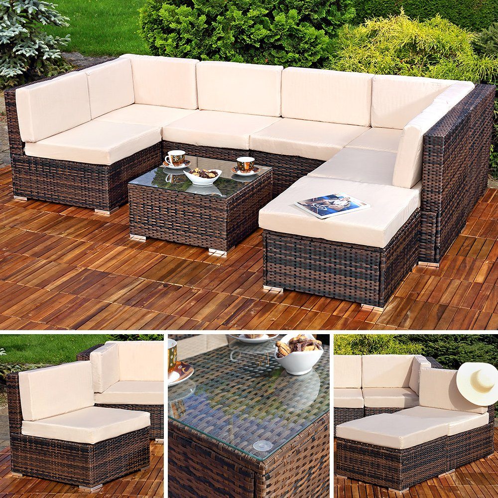 Mucola Gartenlounge-Set Lounge Gartenmöbel Set Sitzgruppe Polyrattan Gartenlounge Gartenmöbel, (Set, 1x Mehrteiliger Sofa 1x Ottomane 1x Tisch), Kissen inkl. Reißverschluss, daher abnehm- und waschbar
