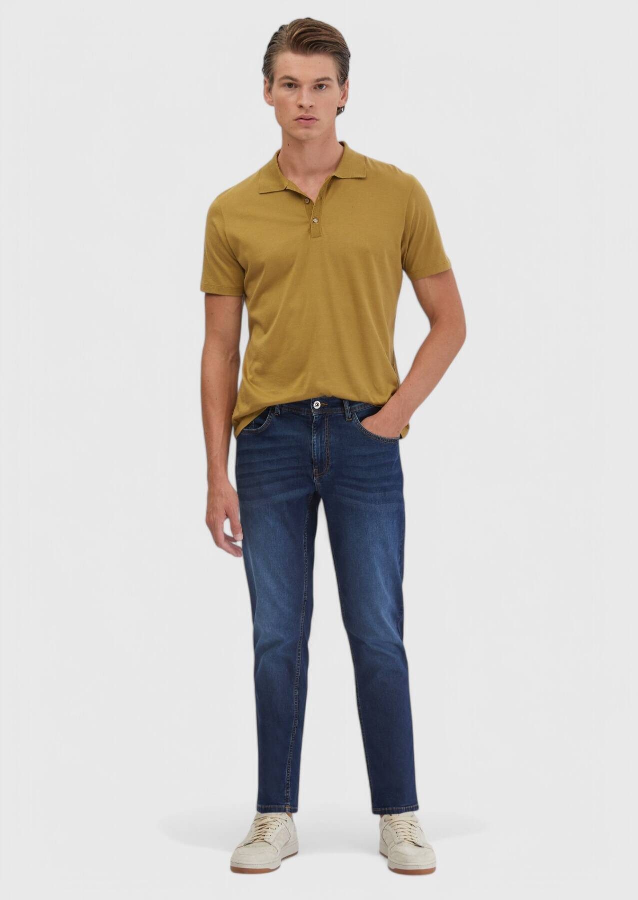 RAMSEY Jeanslatzhose Marineblaue, schmal geschnittene Hose aus Baumwollmischgewebe