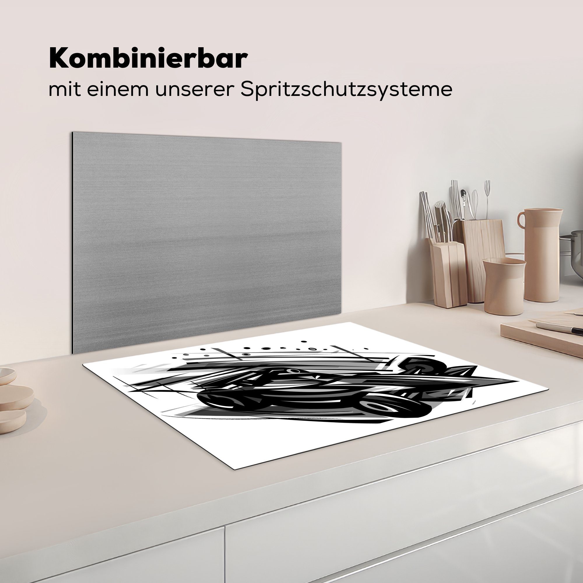 MuchoWow Herdblende-/Abdeckplatte Eine der cm, 70x52 Formel Arbeitsfläche Ceranfeldabdeckung (1 tlg), aus Illustration schwarz-weiße Vinyl, Autos eines 1, nutzbar, Mobile