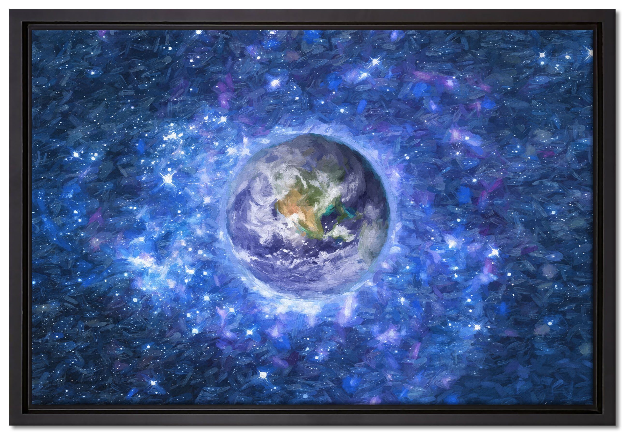 (1 einem Kunst, Erde bespannt, im gefasst, Planet Wanddekoration Leinwandbild in Leinwandbild Weltraum fertig Schattenfugen-Bilderrahmen inkl. Zackenaufhänger St), Pixxprint