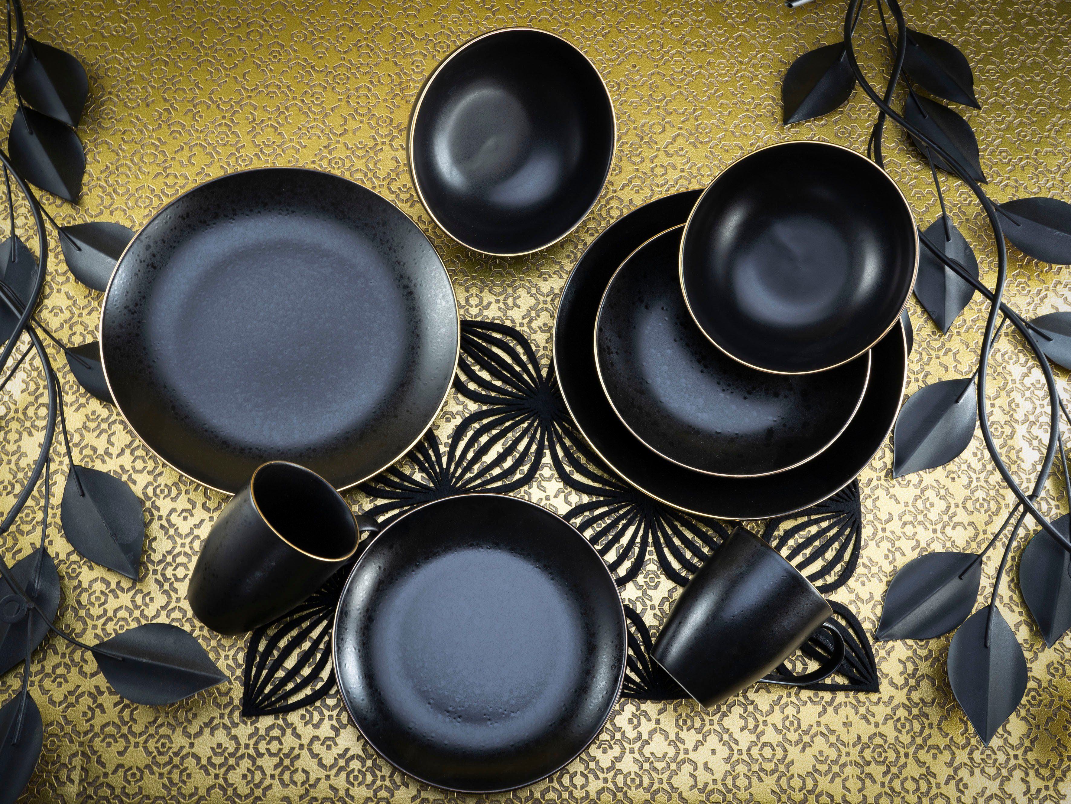 CreaTable Kombiservice Geschirr-Set Industrial (16-tlg), 4 Personen, Steinzeug, Service, schwarze, Goldrand, 16 Teile, für 4 Personen