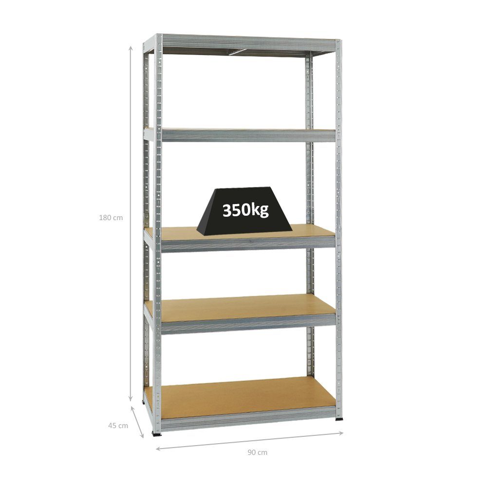 PROREGAL® Schwerlastregal Lagerregal Steckregal ELEPHANT 180x90x45cm Fachlast 350kg Verzinkt, Stabiles Kellerregal Stahlregal mit hoher Fachlast