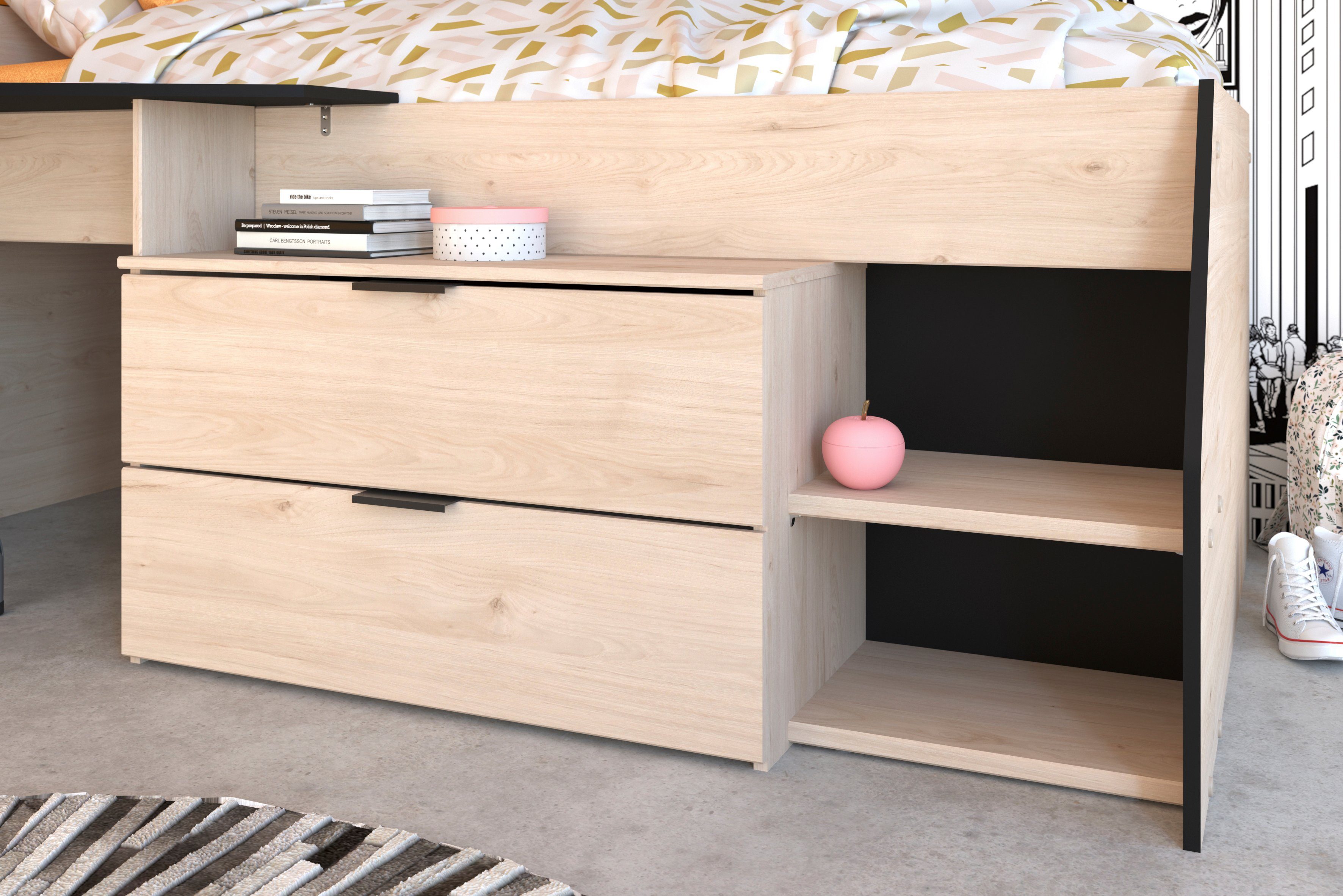 Parisot Hochbett Milky in Weiß und Grey Loft oder Schwarz und Jackson Eiche (Komplett Set, 1-St., Funktions- Hochbett mit Stauraum) großzügiger Stauraum unter der Liegefläche