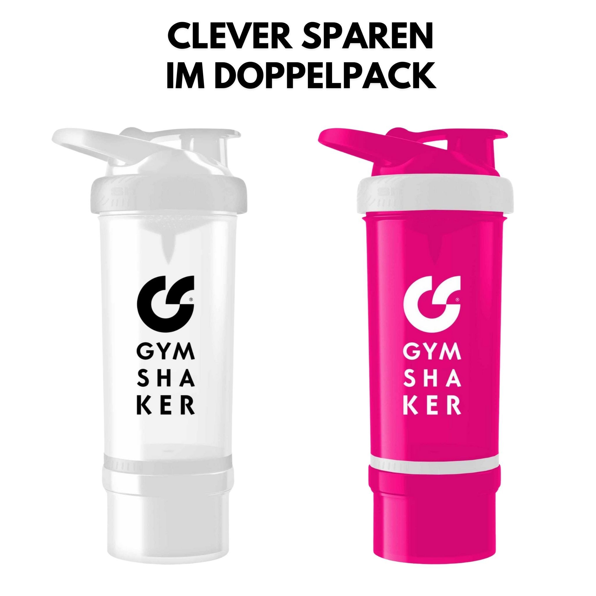 GYMSHAKER Protein Shaker mit Pulverfach 2er Pack Trinkflasche für Fitness, Gym & Bodybuilding, (2-tlg), spülmaschinengeeignet, auslaufsicher, separates Pulverfach mit Deckel