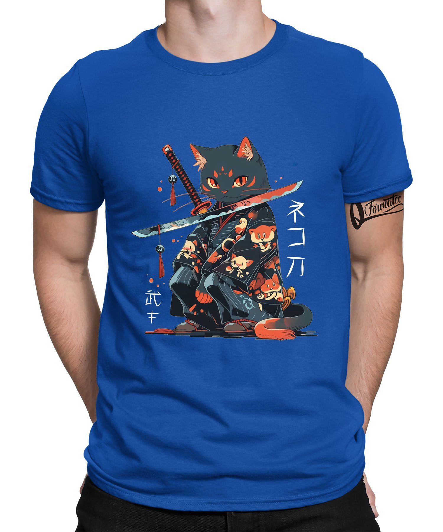 Quattro Formatee Kurzarmshirt Japanese Samurai Ninja Cat Kawaii - Anime Japan Ästhetik Herren T-Shir (1-tlg) Blau