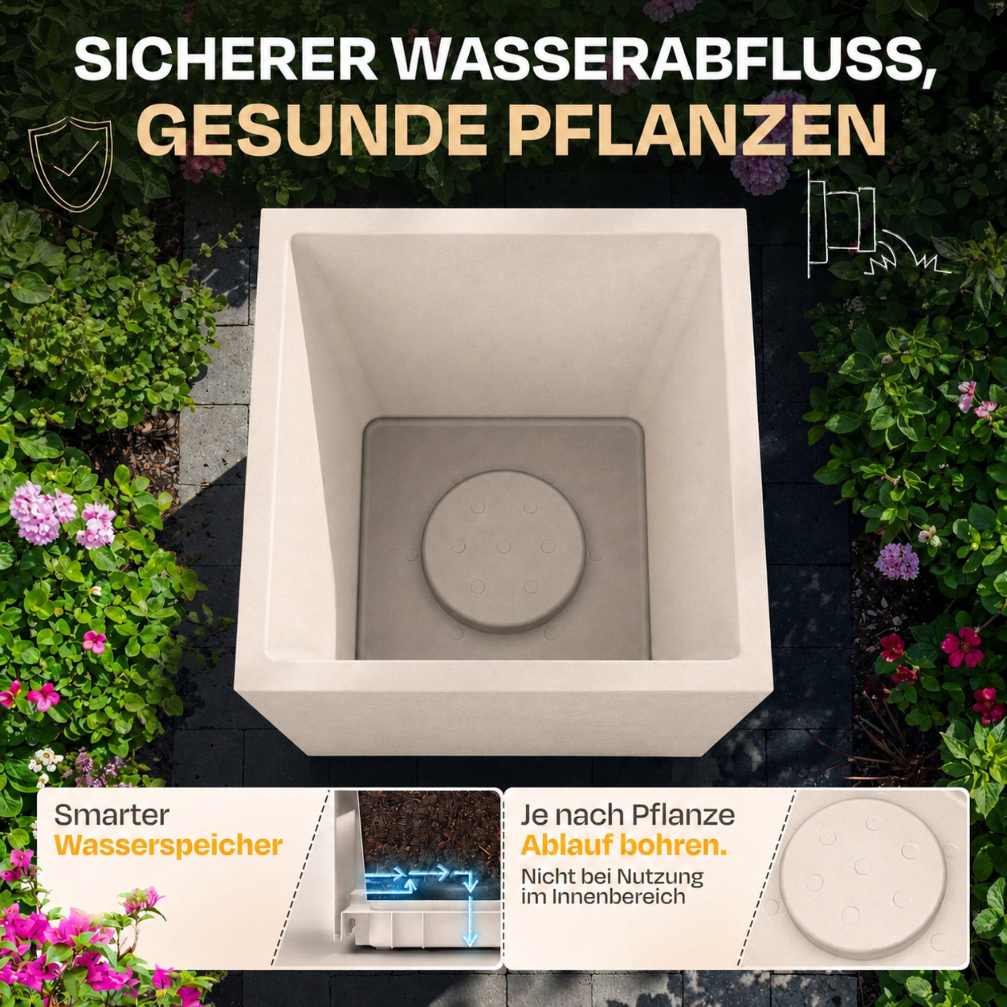 ONDIS24 Pflanzkübel Vulkan, 21L, Blumenkasten quadratisch, mit Wasserspeicher, robuster Kunststoff, UV - und witterungsbeständig