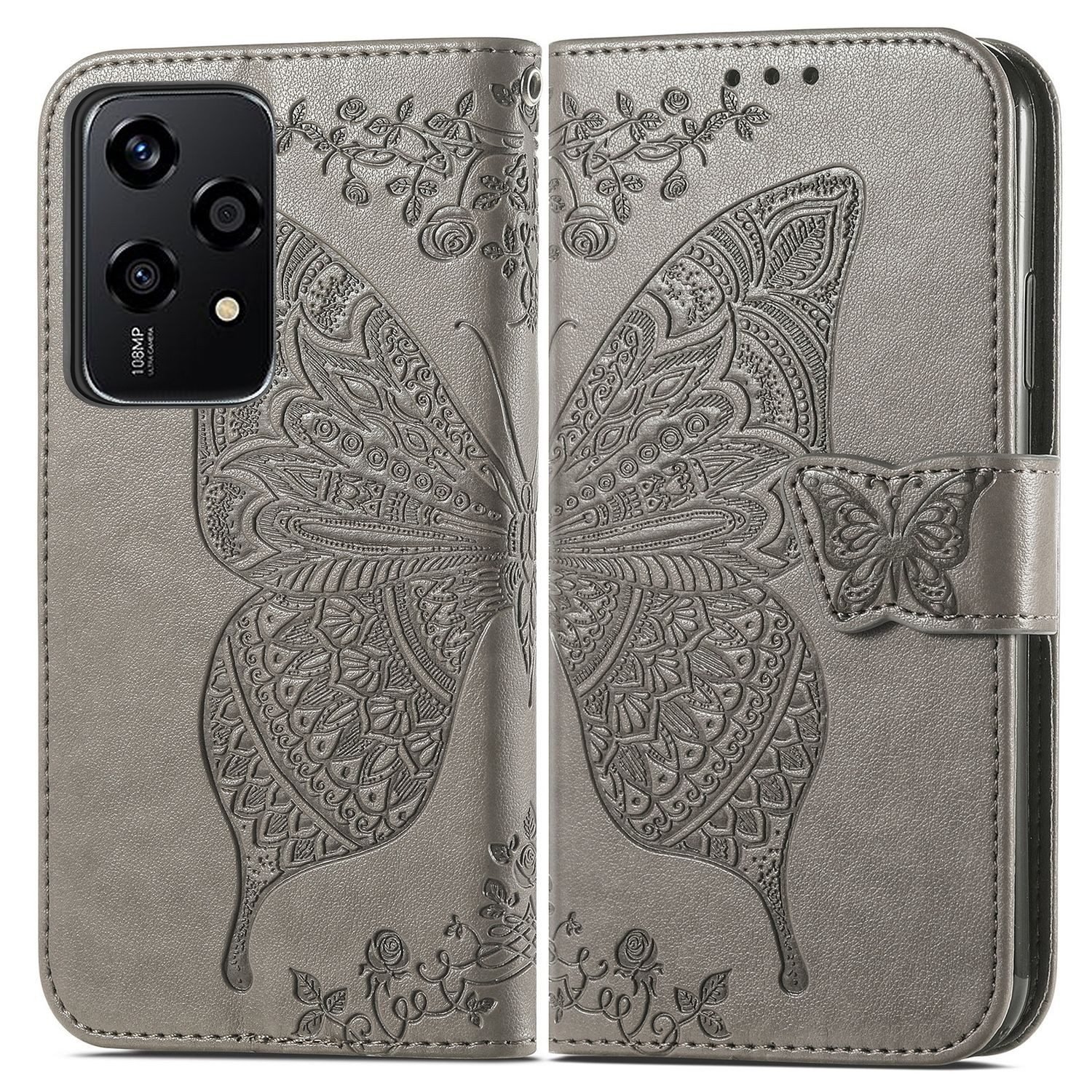 Wigento Smartphone-Hülle Für Honor 200 Lite Kunstleder Wallet Tasche Schmetterling Hülle Grau, Kunst-Leder Schutzhülle Smart Case Cover magnetischer Verschluss