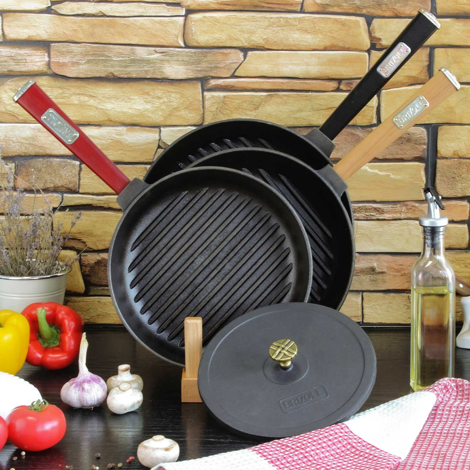 Steakpfanne), Pressdeckel Griff, Bratpfanne (Feuerpfanne / Gusseisen mit 4BIG.fun Gusseisen Druckdeckel, Grillpfanne Pressdeckel Induktion 24cm abschraubbarer