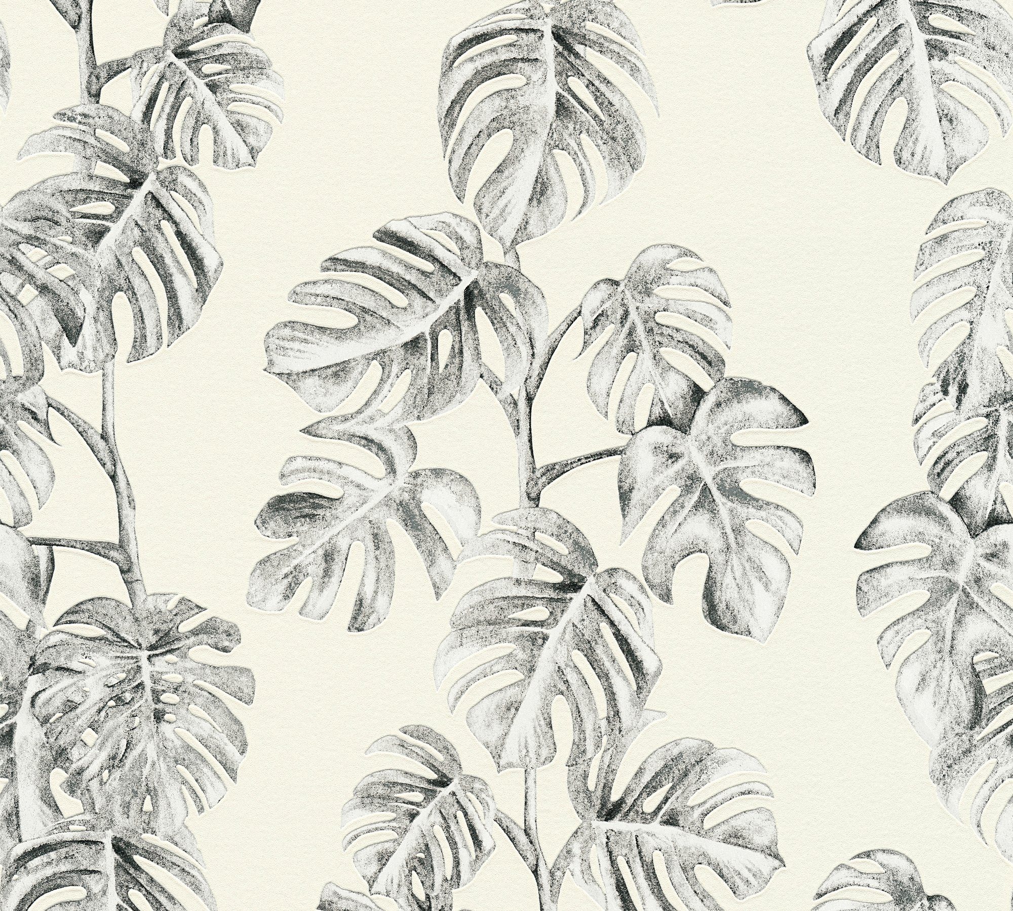 A.S. Création Dschungel weiß/grau mit floral, Dschungel Palmenprint Vliestapete strukturiert, Optik, Greenery Tapete Palmentapete in