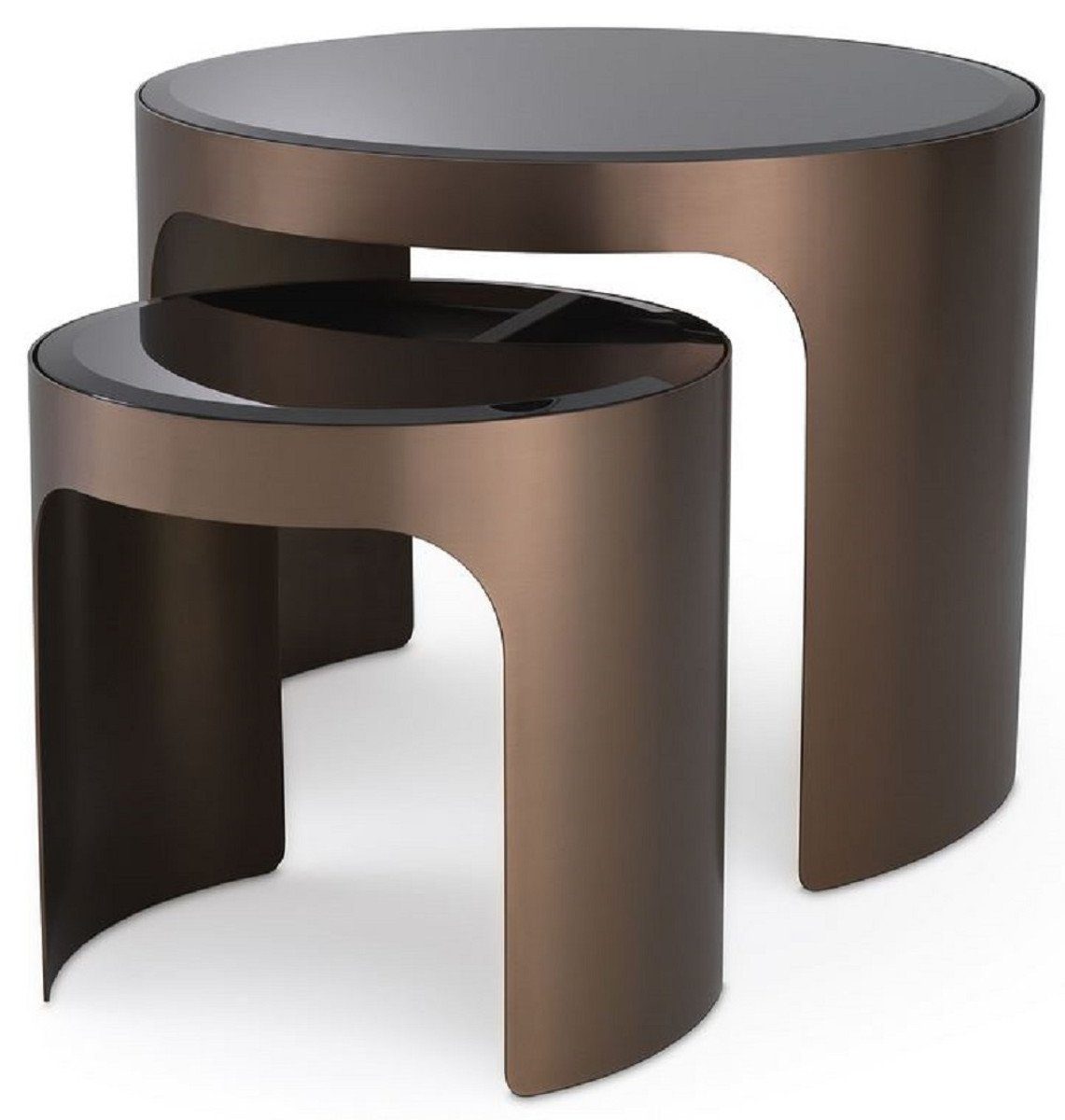 Casa Padrino Beistelltisch Luxus Schwarz Edelstahl Set Kupferfarben runde Glasplatten 2 mit - / Tische Beistelltisch - abgeschrägten Luxus Möbel