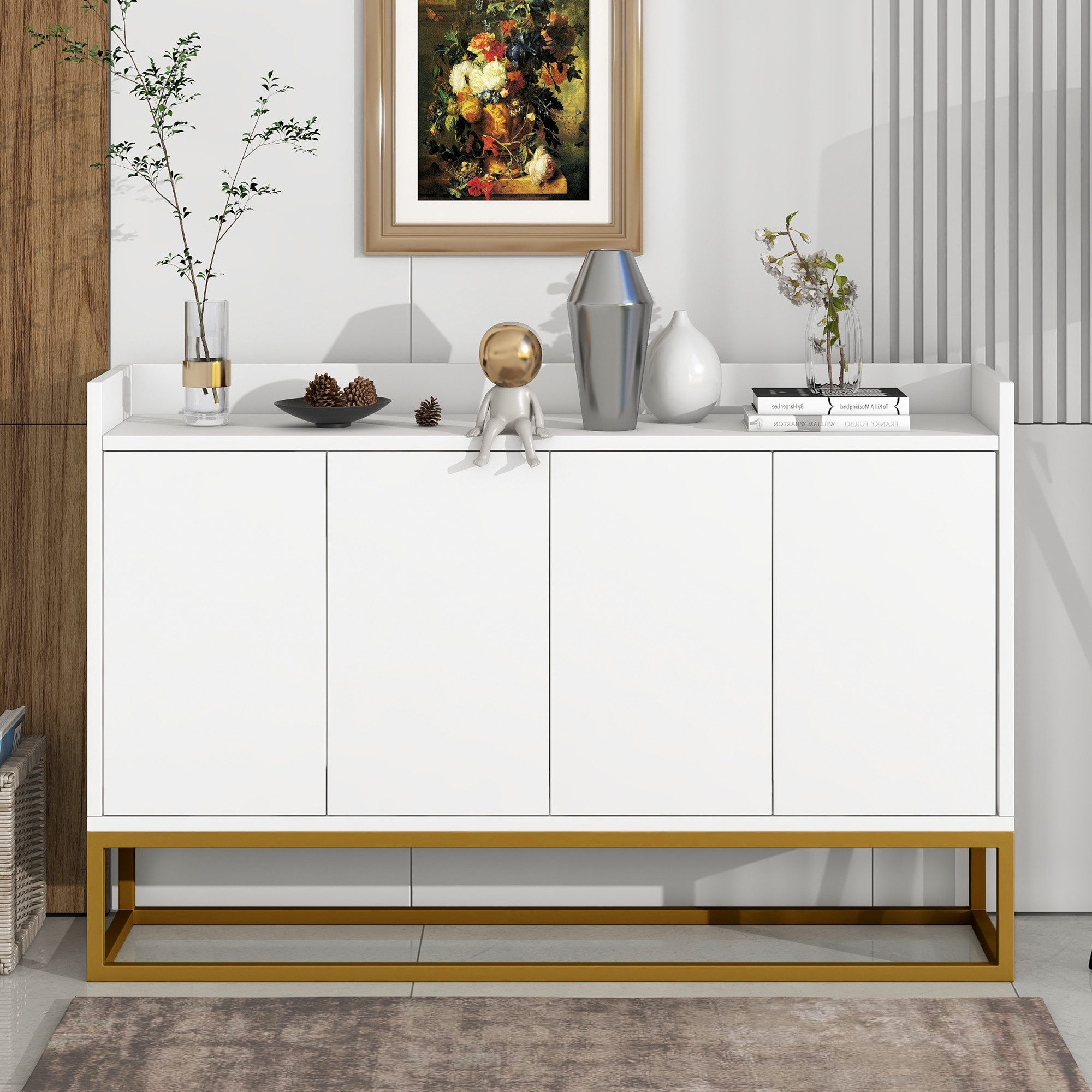 Flieks Sideboard, Kommode mit 4 Türen mit goldenen Metallbeine 120x30x80cm günstig online kaufen