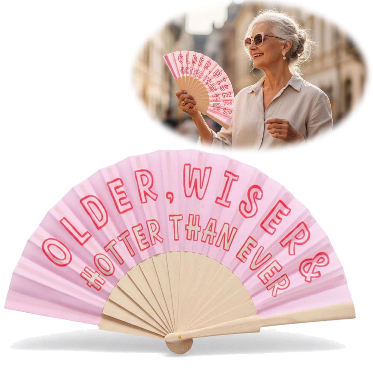 LS-LebenStil Handfächer Holz Stoff Fächer "Older Wiser Hotter" Pink Rot faltbar Faltfächer, (hochwertig aus Holz mit Stoff und coolem lustigem Spruch, 1-tlg., Styliche Abkühlung), für Geburtstag, Hochzeit, Party oder als Wand Dekoration
