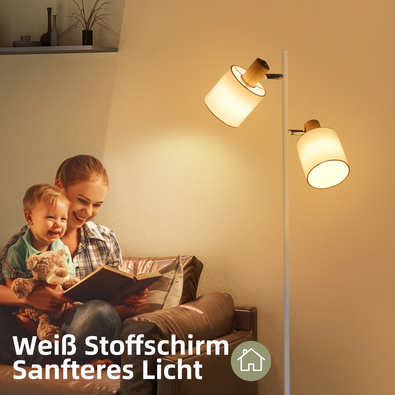 Nettlife Stehlampe Vintage aus Holz 2x E14 Fassungen Stoffschirm Fußschalter für Flur, LED wechselbar, mit Fußschalter Retro Industrial Drehbar für Wohnzimmer Schlafzimmer