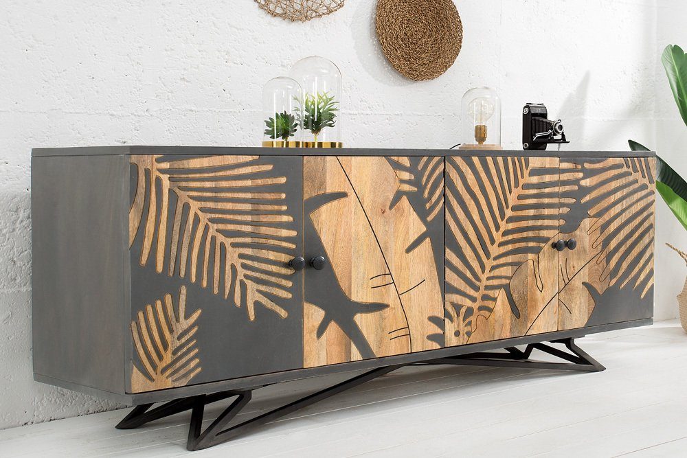 riess-ambiente Sideboard TROPICAL 160cm natur / grau, Massivholz · Florales Design · Handarbeit · Wohnzimmer