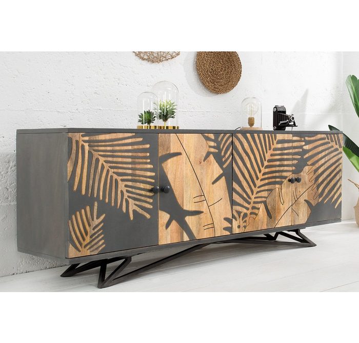 riess-ambiente Sideboard TROPICAL 175cm natur / grau Massivholz · Anrichte · Florales Design · Kommode · Handarbeit · Wohnzimmer