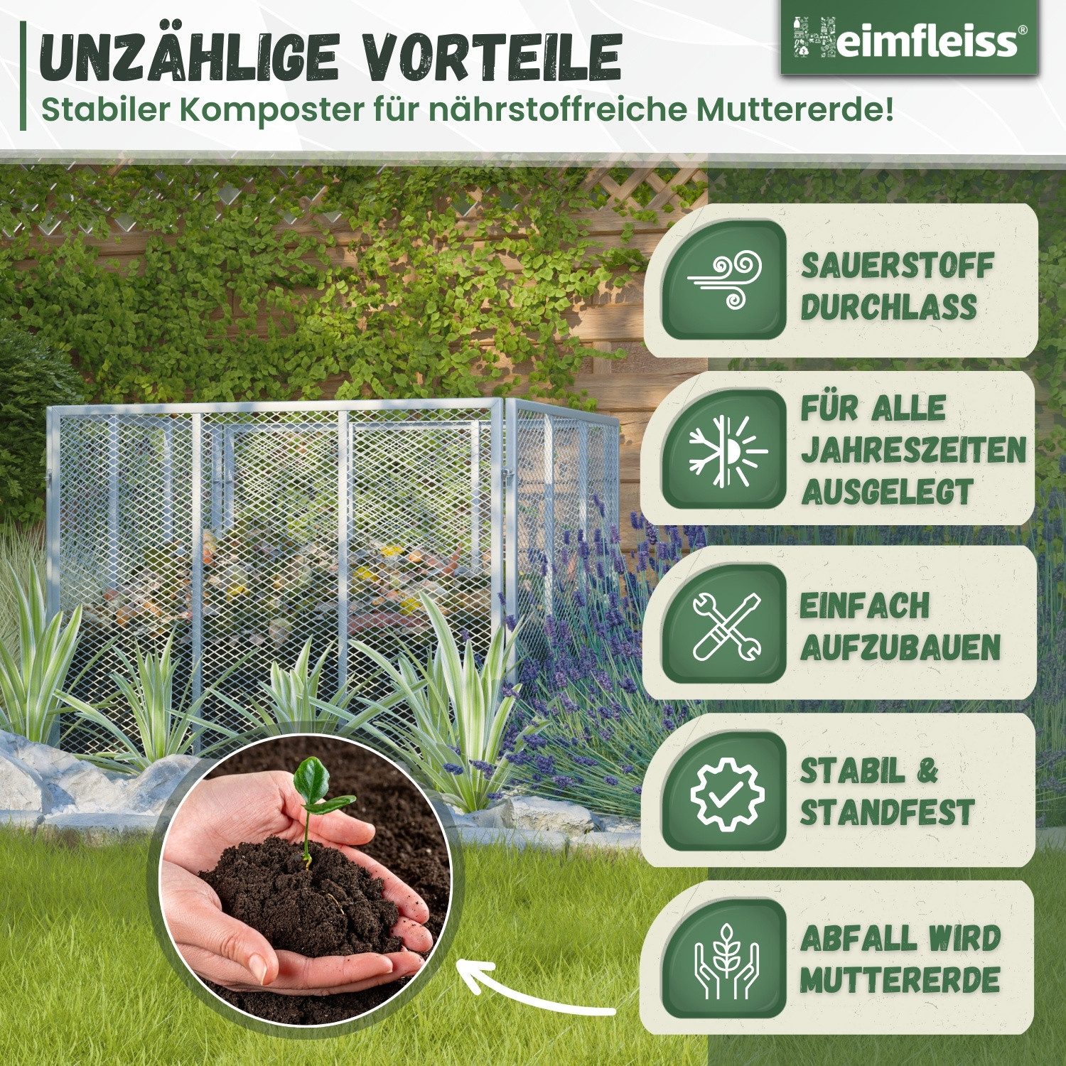 Heimfleiss® Komposter Metall Komposter 450L/750L – verzinkt & pulverbeschichtet, BxTxH: 80x80x70 cm, 450 l, Robuster Gartenkomposter mit Stecksystem für nachhaltige Kompostierung