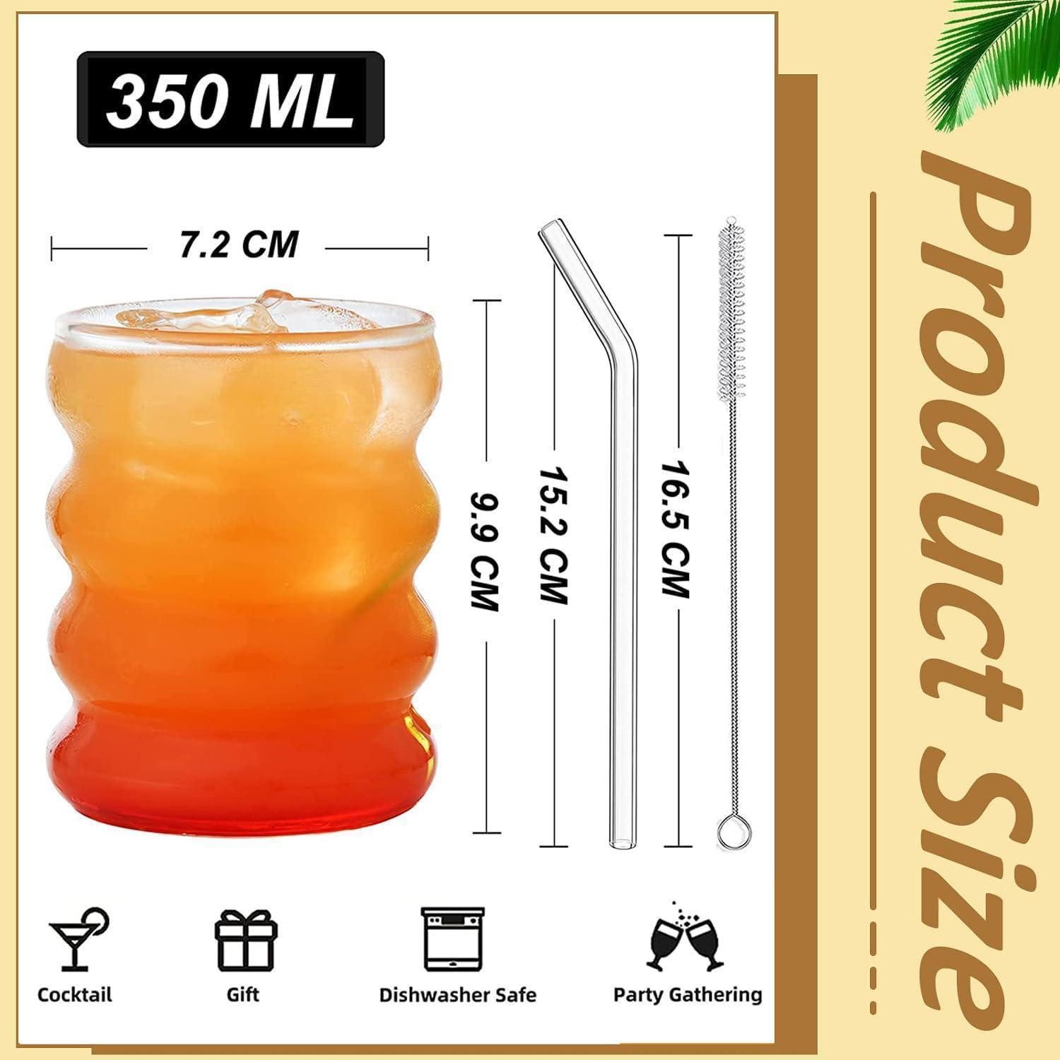 LuxusKollektion Gläser-Set 350ML gerippte Trinkgläser Set of 2 with Glass Straws, bubble