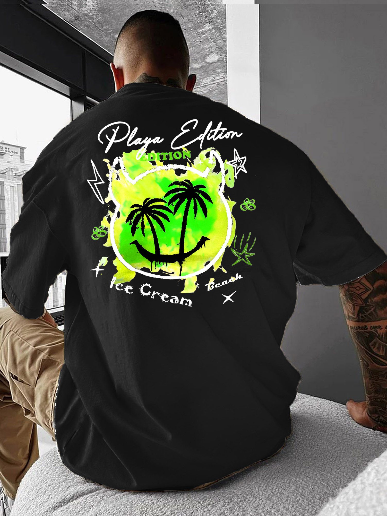 RMK T-Shirt Herren Shirt Top Rundhals mit Strand Smily Palmen Print aus 100% Baumwolle
