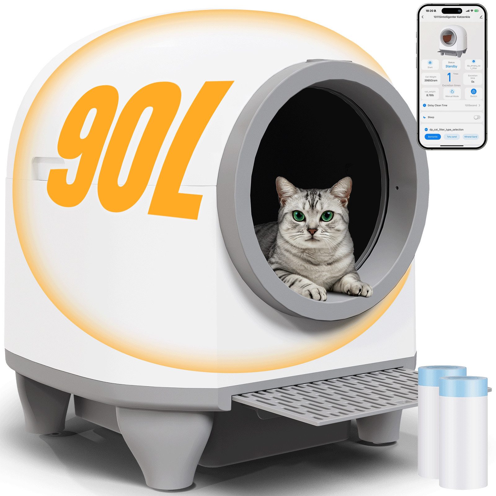 Katzentoilette 90L Selbstreinigende Elektrisches Katzenklo XXL mit App-Steuerung