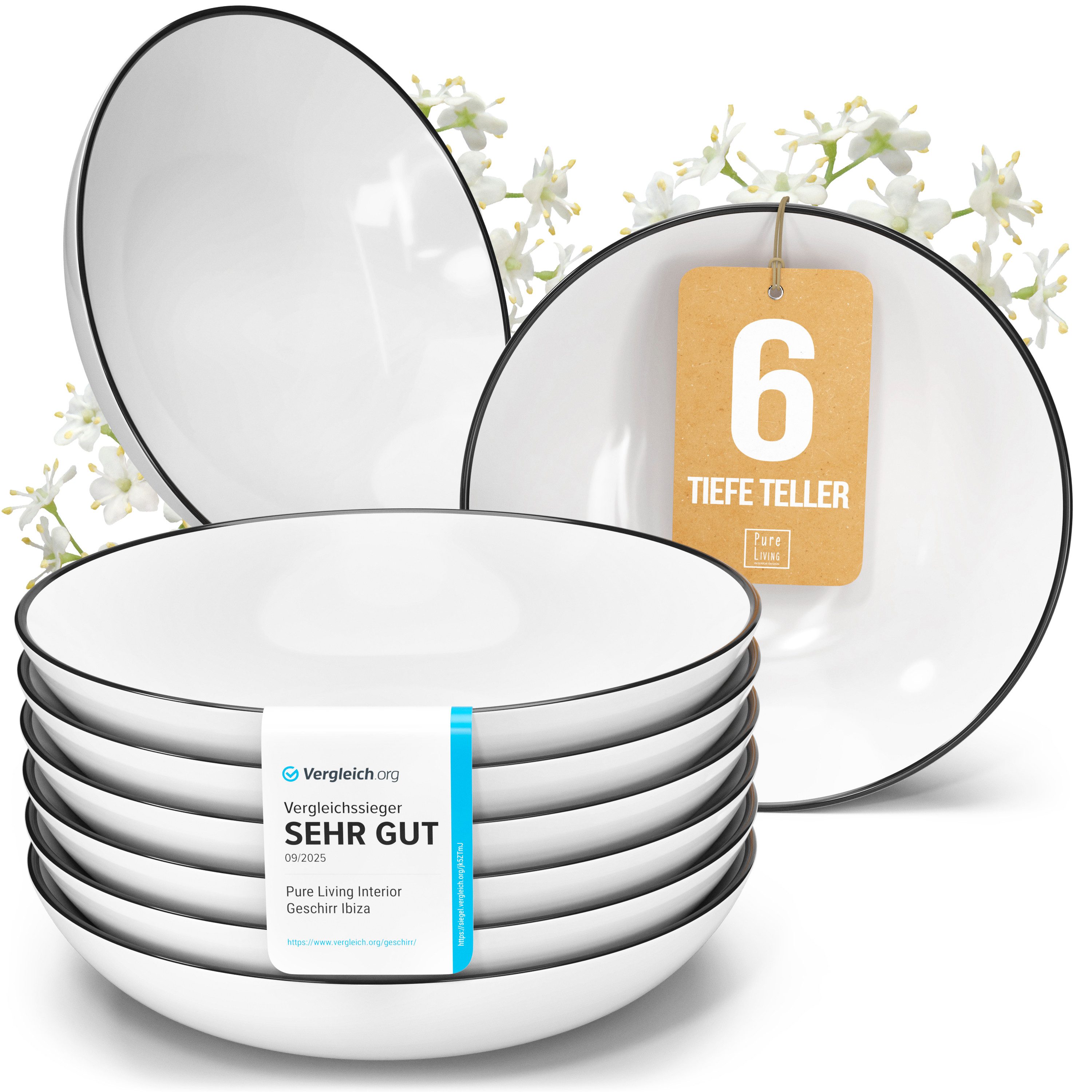 PURE LIVING INTERIOR DESIGN Geschirr-Set Pure Living Suppenteller 6er 20cm »Scandi«, Porzellan weiß, 6 Personen, Porzellan, Zeitloses skandinavisches Design, Eleganter schwarzer Rand, Minimalis…