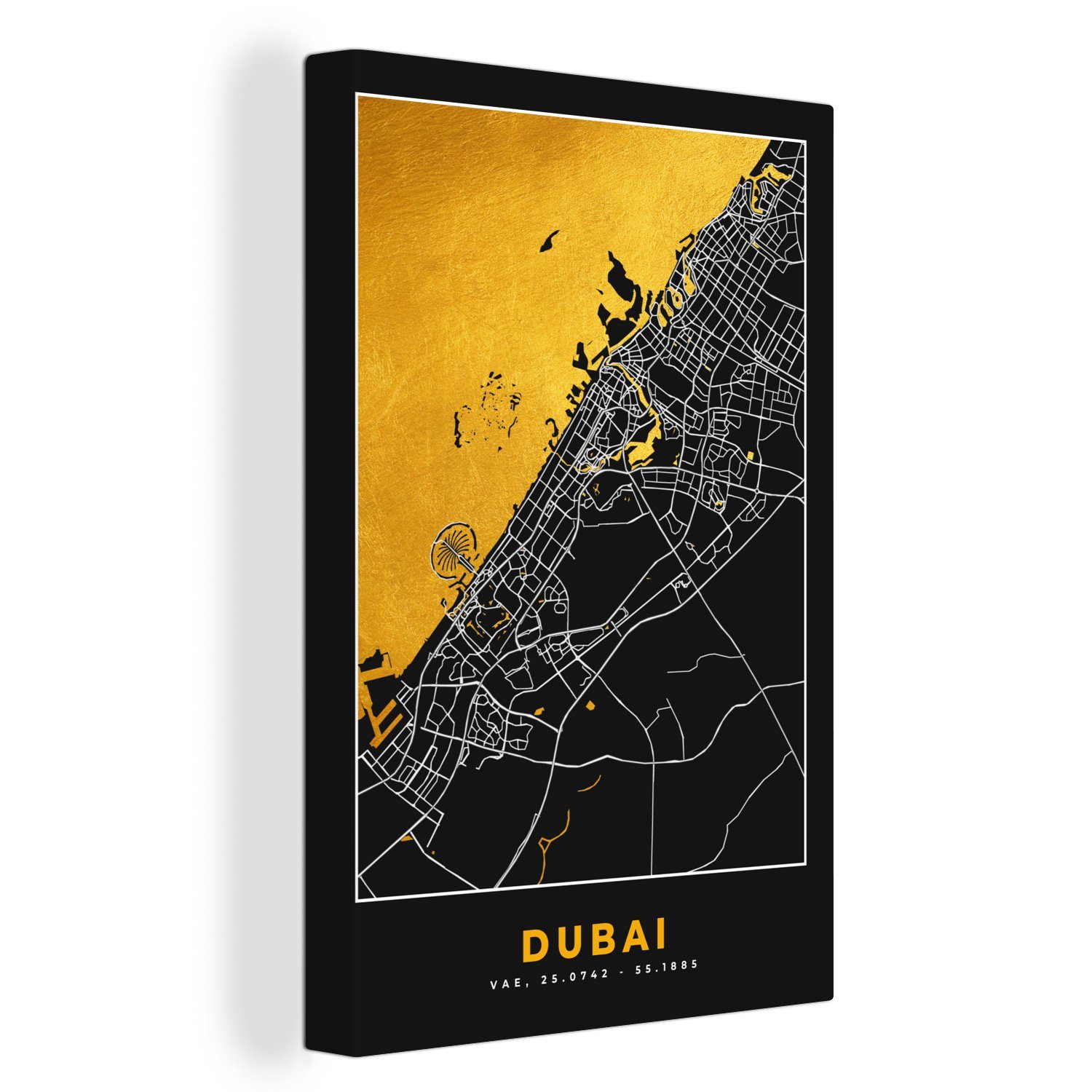 OneMillionCanvasses® Leinwandbild Gold - Stadtplan - Dubai - Karte, (1 St), Leinwandbild fertig bespannt inkl. Zackenaufhänger, Gemälde, 20x30 cm