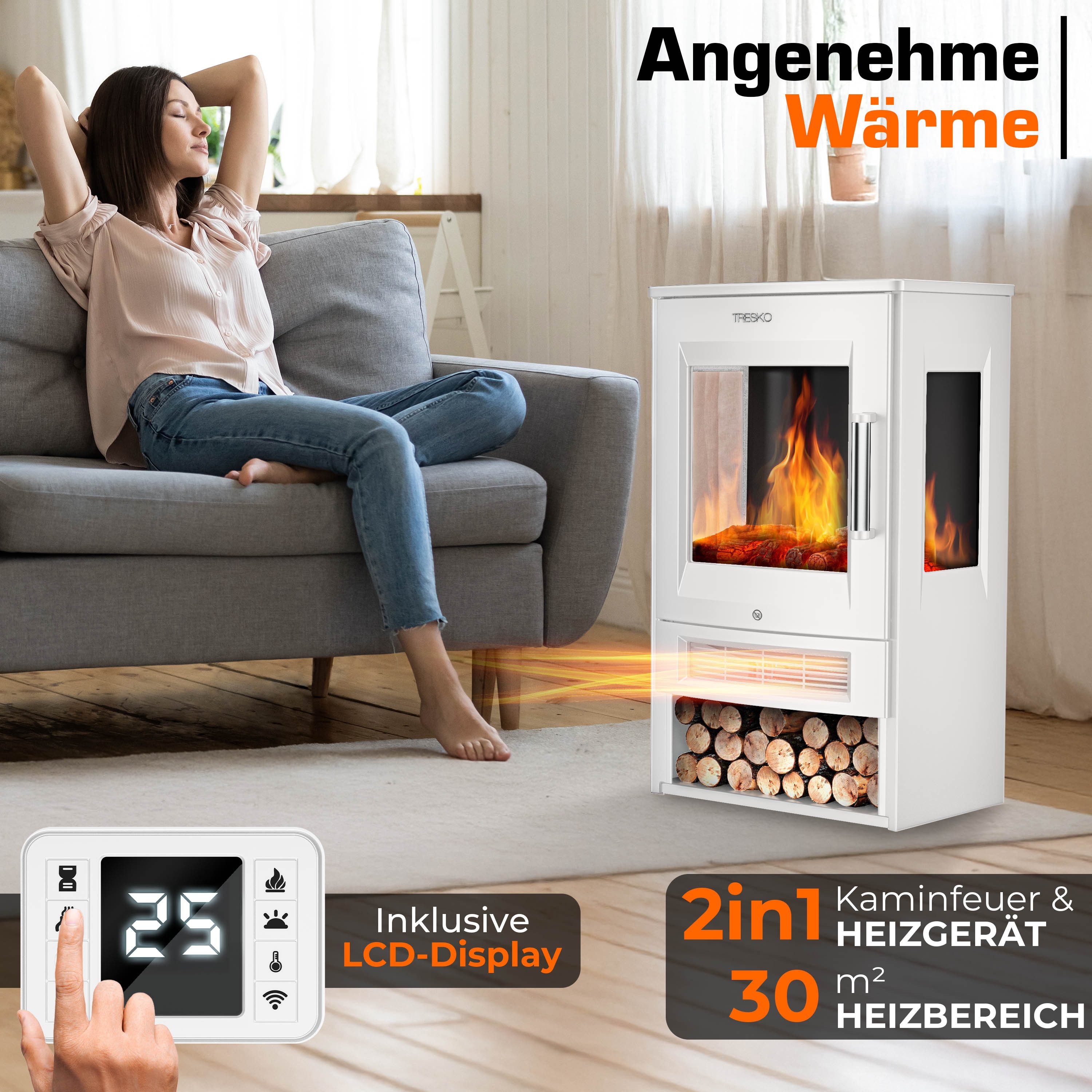 TRESKO Elektrokamin mit Heizung 1800W inkl. Fernbedienung & WiFi App Kaminfeuer, Elektro Kamin elektrisch LED-Flammeneffekt Timer Standkamin Kaminofen