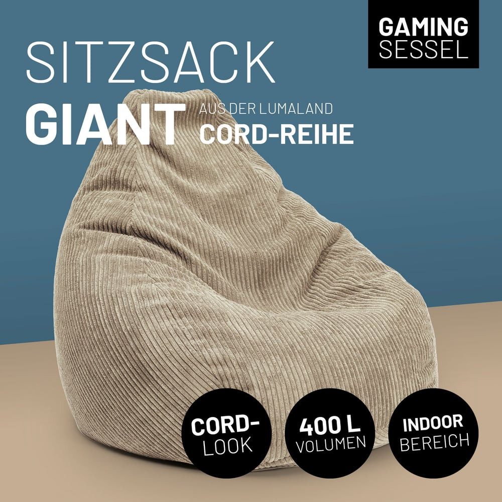 Lumaland Sitzsack GIANT Cord Sitzsack Stabile Lehne ideal fürs Gaming – Bild 4 von 5